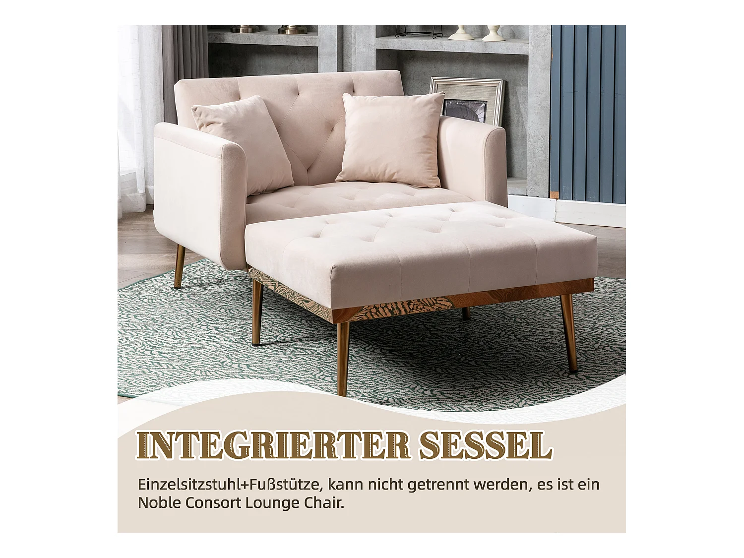 Fauteuil Moderne Réglable, Dossier Ajustable, Velours Beige (165x90x77 cm)