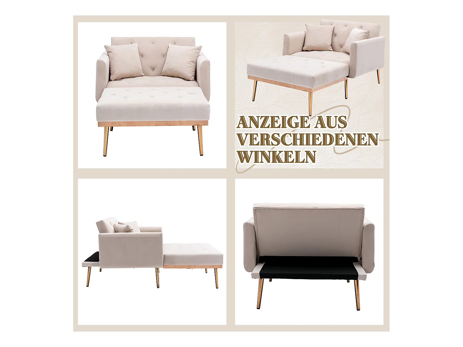 Fauteuil Moderne Réglable, Dossier Ajustable, Velours Beige (165x90x77 cm)