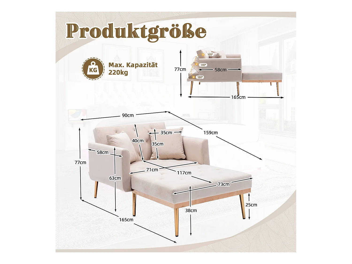 Fauteuil Moderne Réglable, Dossier Ajustable, Velours Beige (165x90x77 cm)