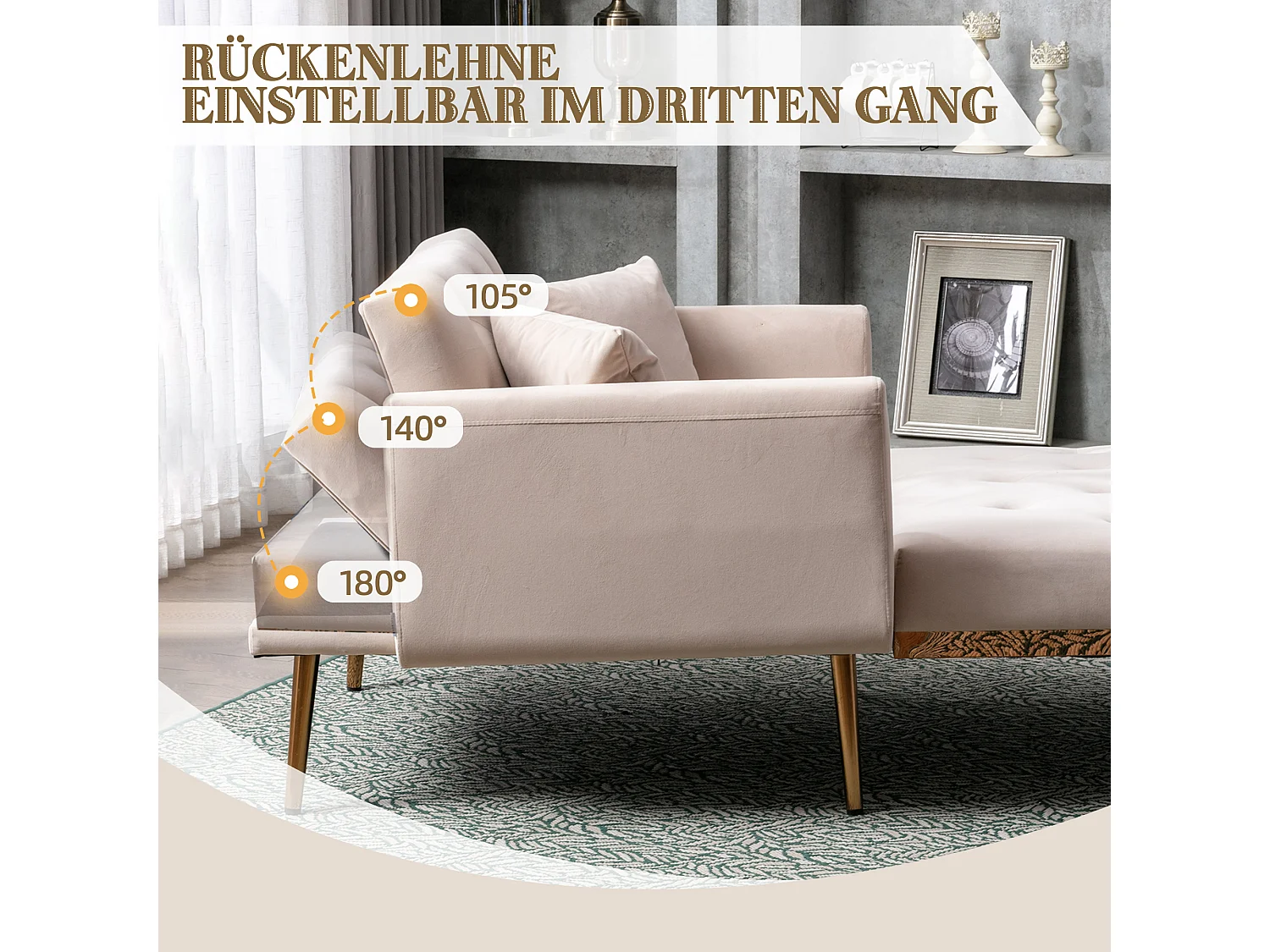 Fauteuil Moderne Réglable, Dossier Ajustable, Velours Beige (165x90x77 cm)