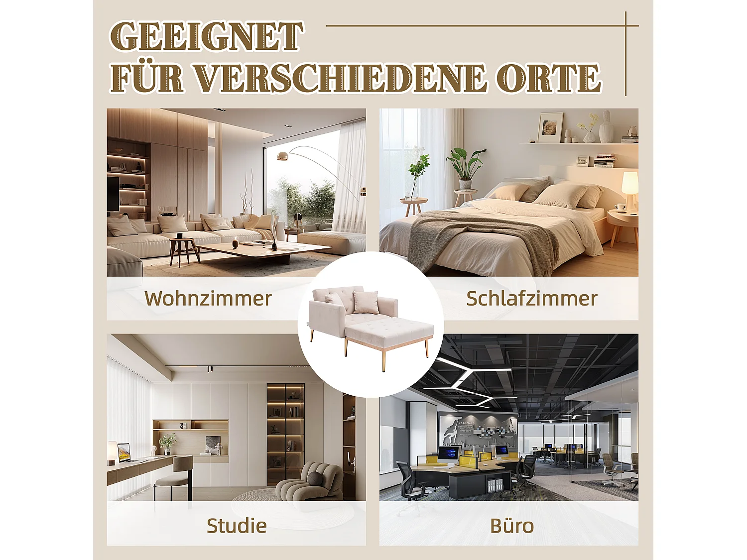 Fauteuil Moderne Réglable, Dossier Ajustable, Velours Beige (165x90x77 cm)