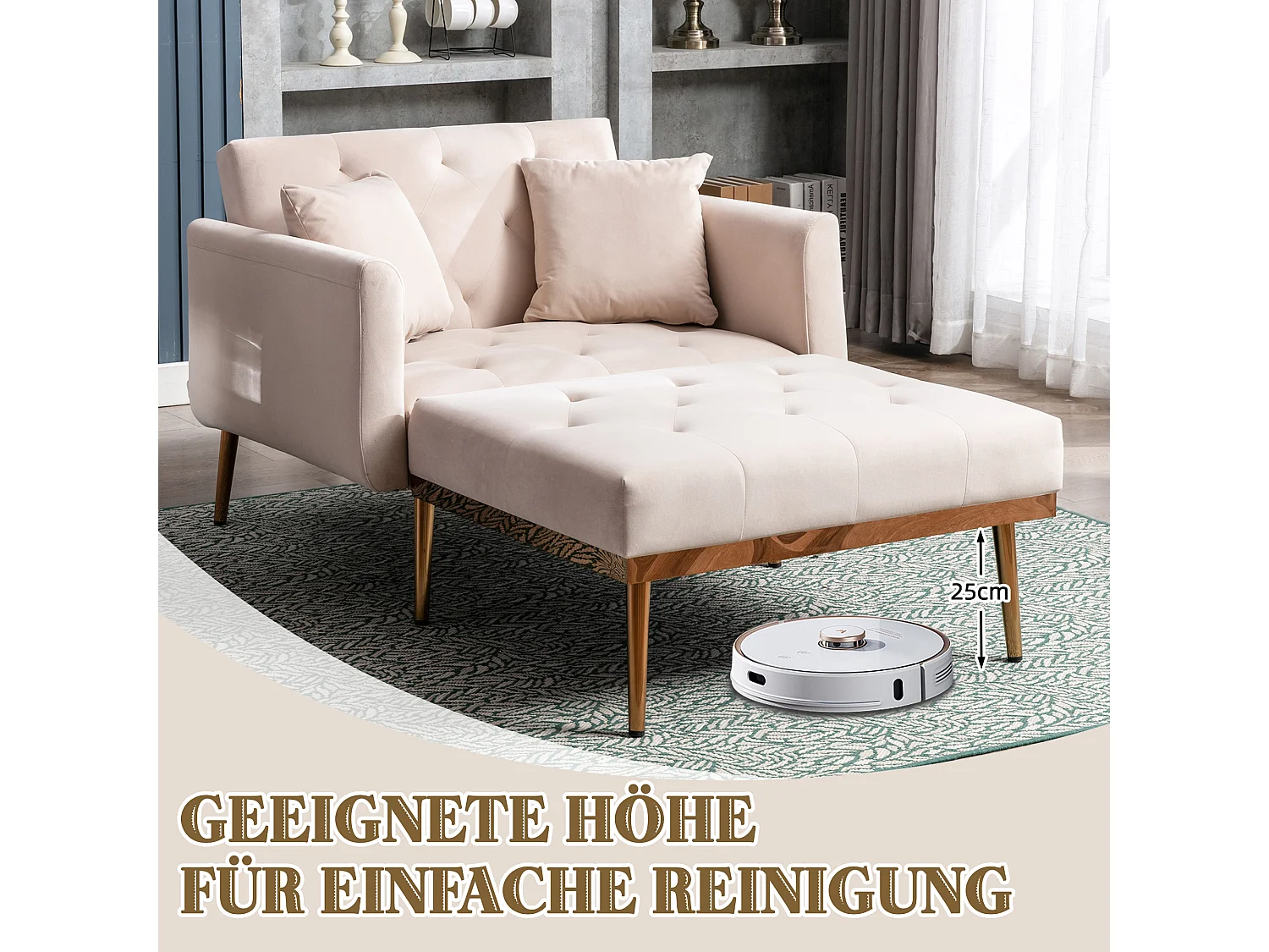 Fauteuil Moderne Réglable, Dossier Ajustable, Velours Beige (165x90x77 cm)