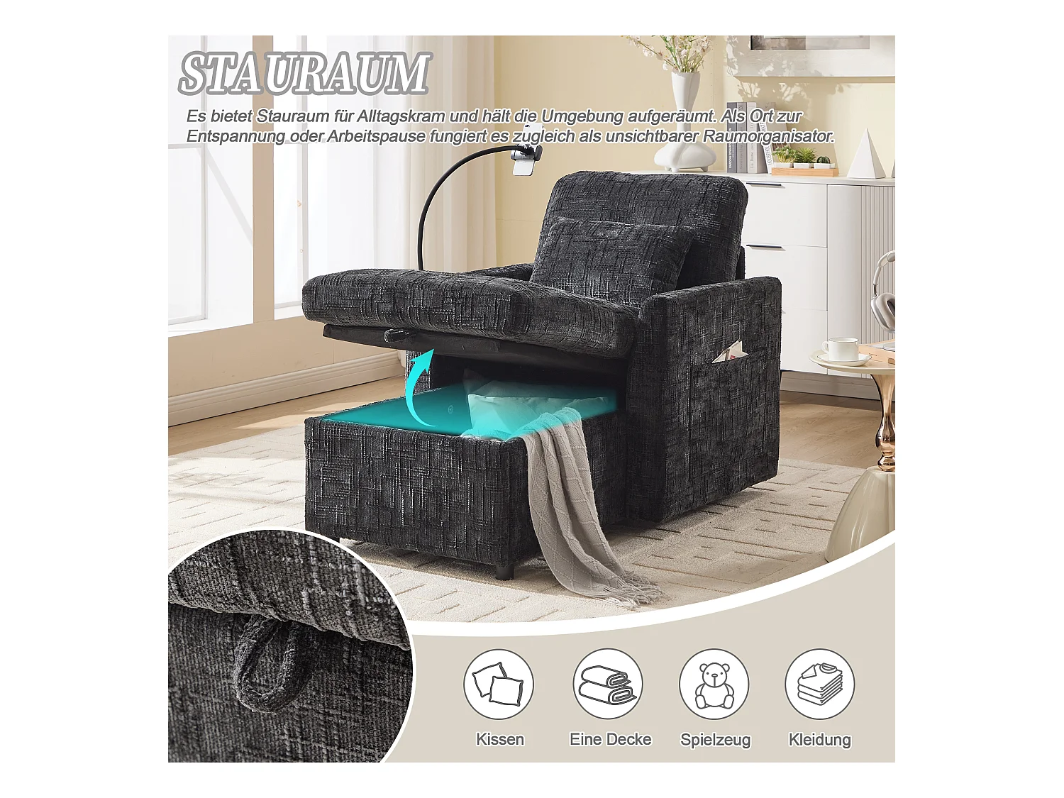 Fauteuil relax multifonction avec dossier escamotable, support pour téléphone, tissu chenille noir (125x84.5x87 cm)