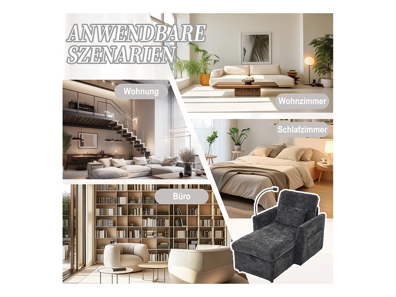 Fauteuil relax multifonction avec dossier escamotable, support pour téléphone, tissu chenille noir (125x84.5x87 cm)