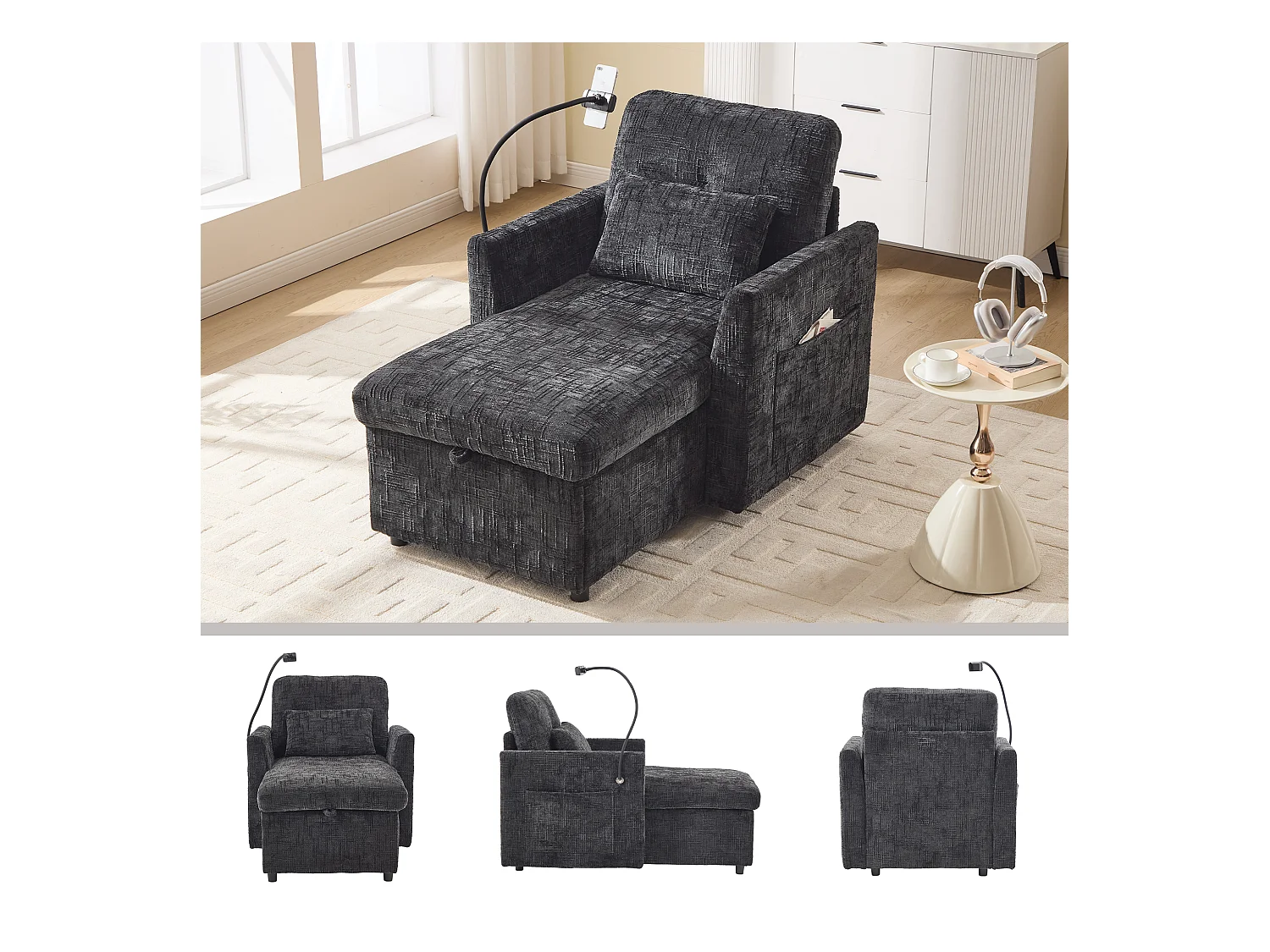 Multifunctionele relaxfauteuil met uitschuifbare rugleuning, telefoonhouder, zwarte chenillestof (125x84,5x87 cm)
