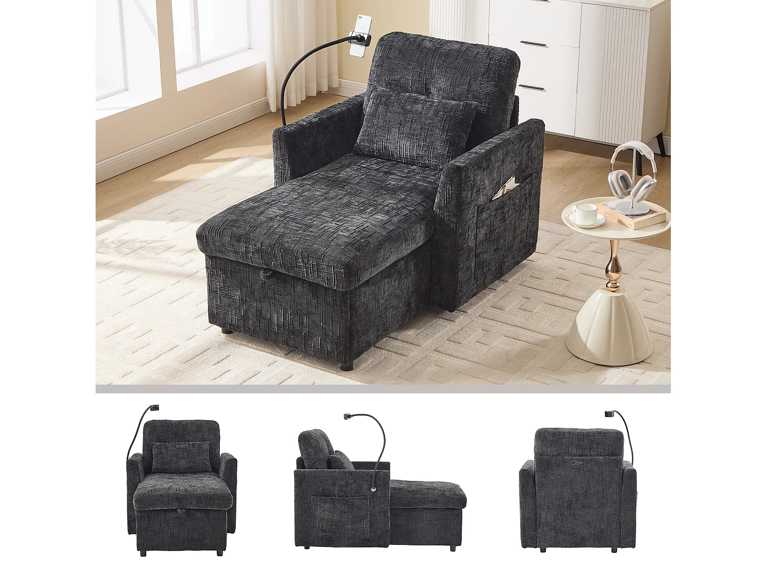 Fauteuil relax multifonction avec dossier escamotable, support pour téléphone, tissu chenille noir (125x84.5x87 cm)