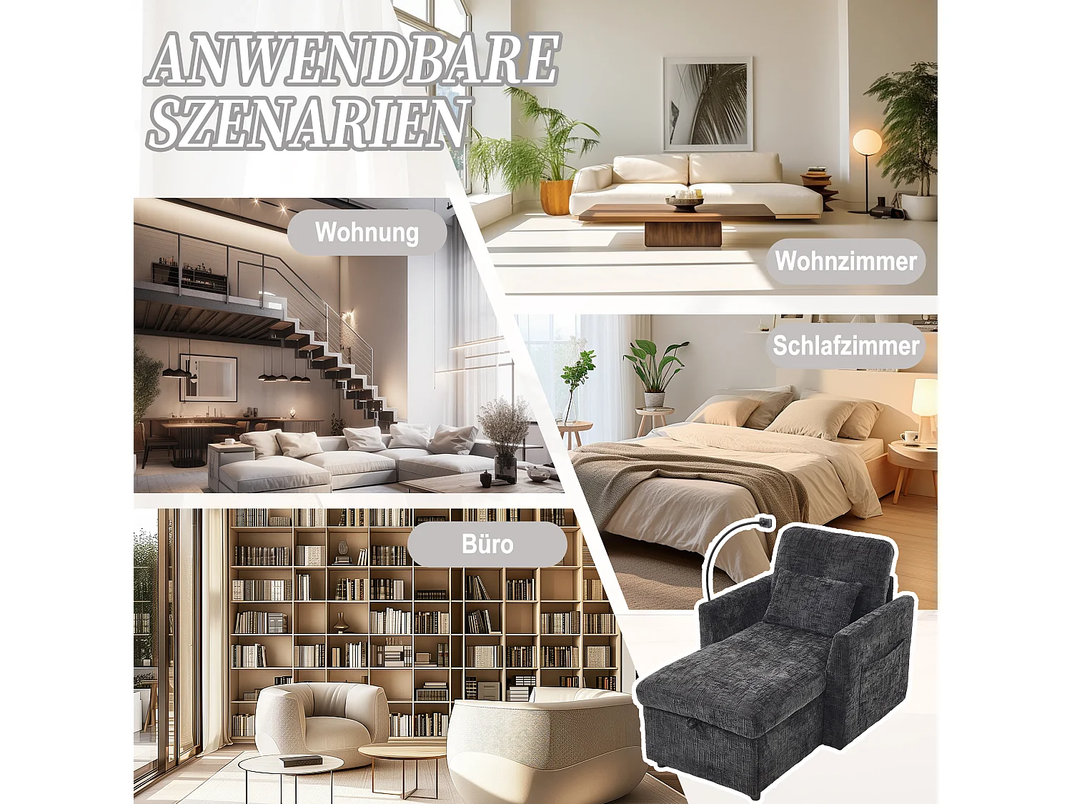 Fauteuil relax multifonction avec dossier escamotable, support pour téléphone, tissu chenille noir (125x84.5x87 cm)