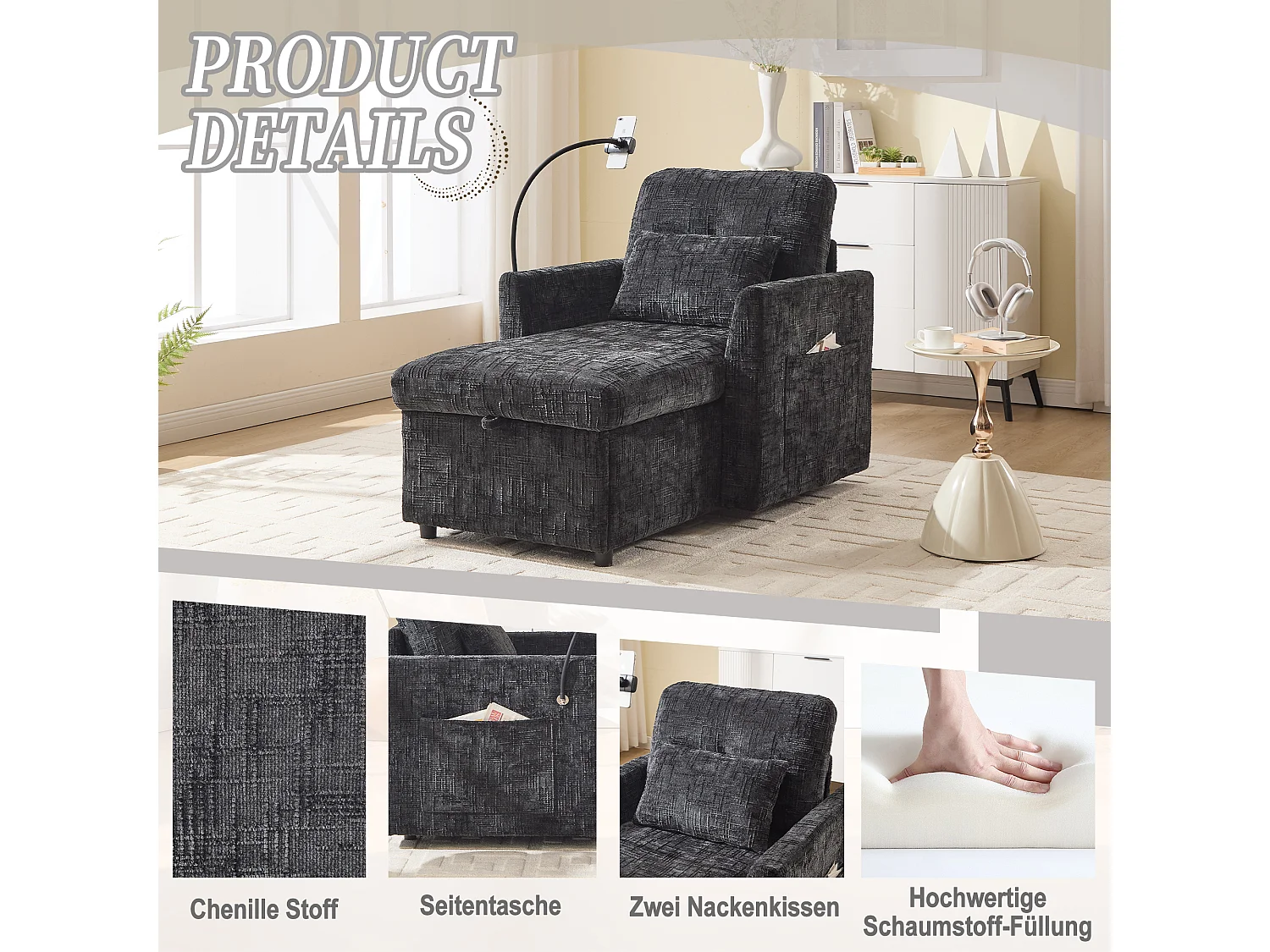 Fauteuil relax multifonction avec dossier escamotable, support pour téléphone, tissu chenille noir (125x84.5x87 cm)