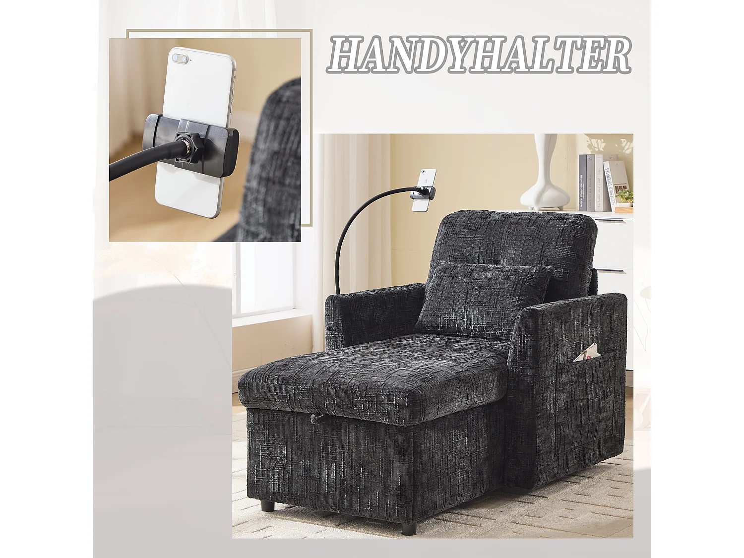 Fauteuil relax multifonction avec dossier escamotable, support pour téléphone, tissu chenille noir (125x84.5x87 cm)