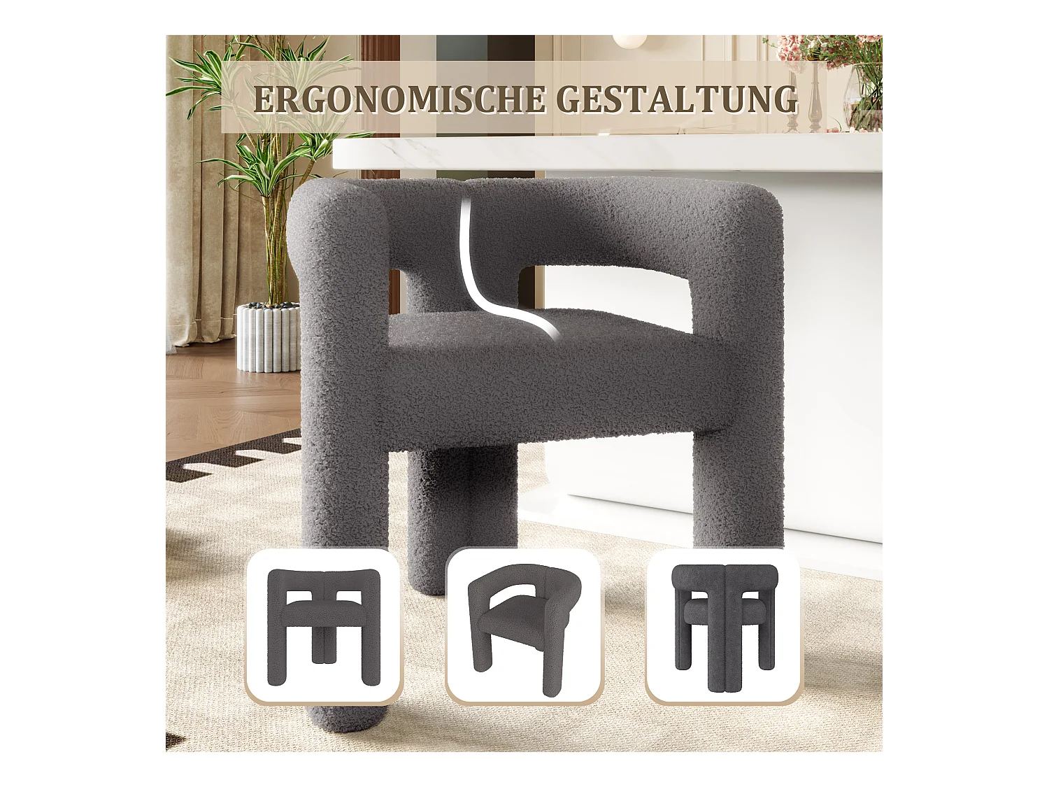 Fauteuil ergonomique en Teddy Flor premium, design unique, confort optimal, couleur gris foncé (62.5x32.5x71 cm)