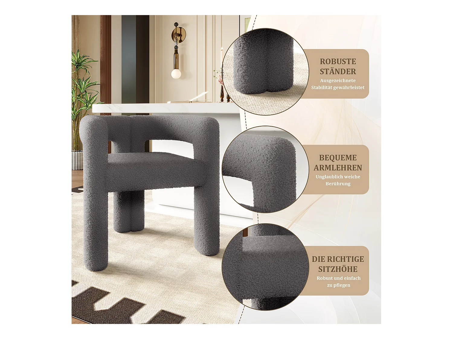 Fauteuil ergonomique en Teddy Flor premium, design unique, confort optimal, couleur gris foncé (62.5x32.5x71 cm)