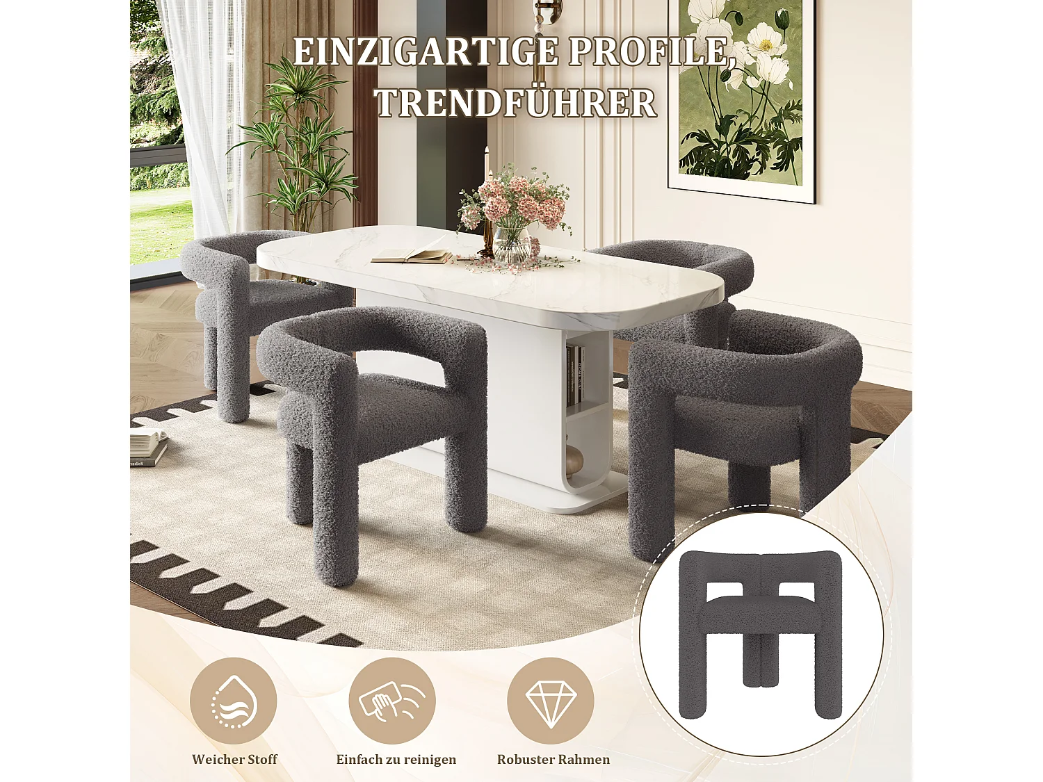 Fauteuil ergonomique en Teddy Flor premium, design unique, confort optimal, couleur gris foncé (62.5x32.5x71 cm)