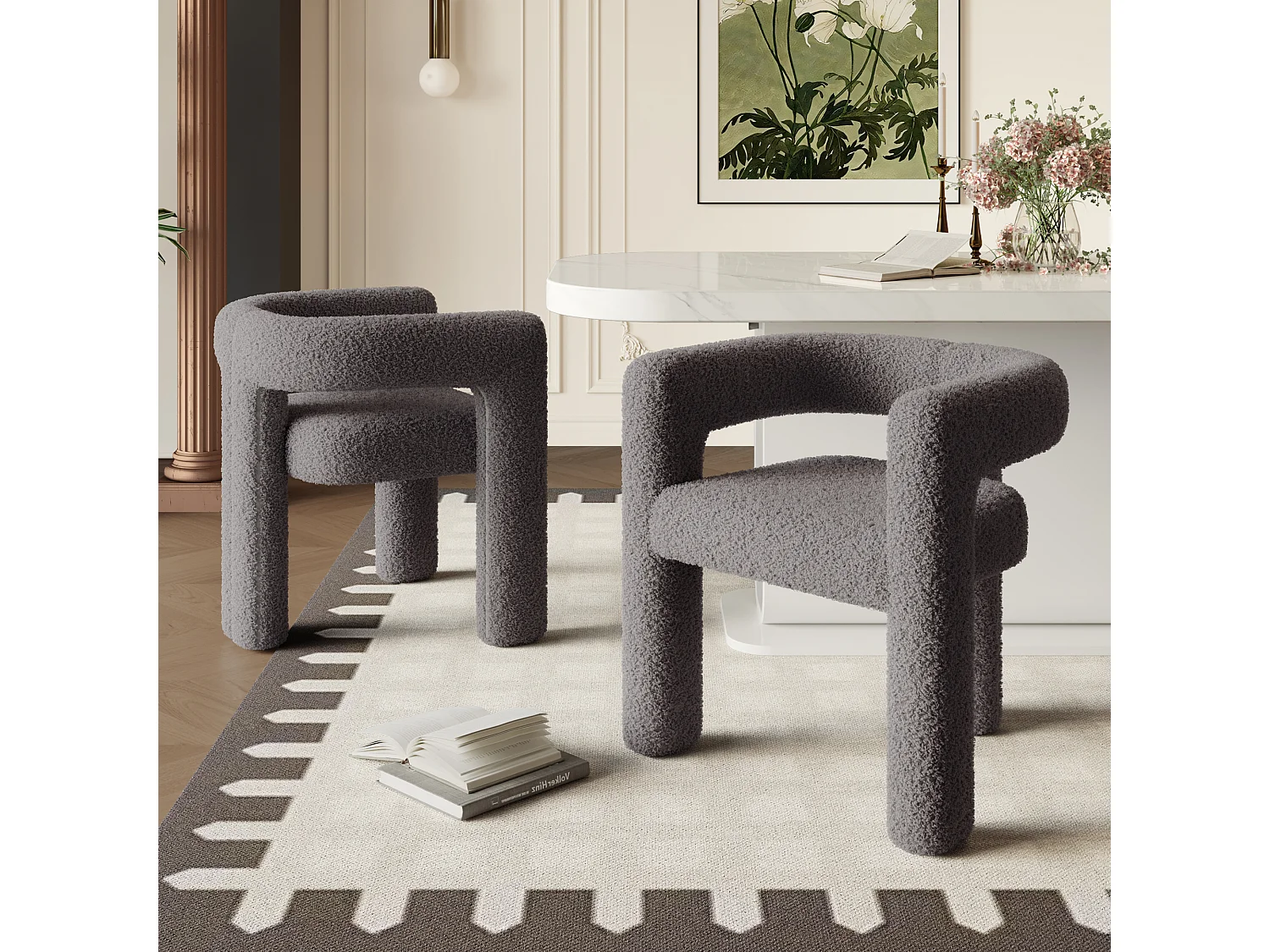 Fauteuil ergonomique en Teddy Flor premium, design unique, confort optimal, couleur gris foncé (62.5x32.5x71 cm)