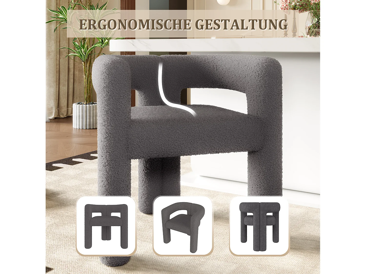 Fauteuil ergonomique en Teddy Flor premium, design unique, confort optimal, couleur gris foncé (62.5x32.5x71 cm)