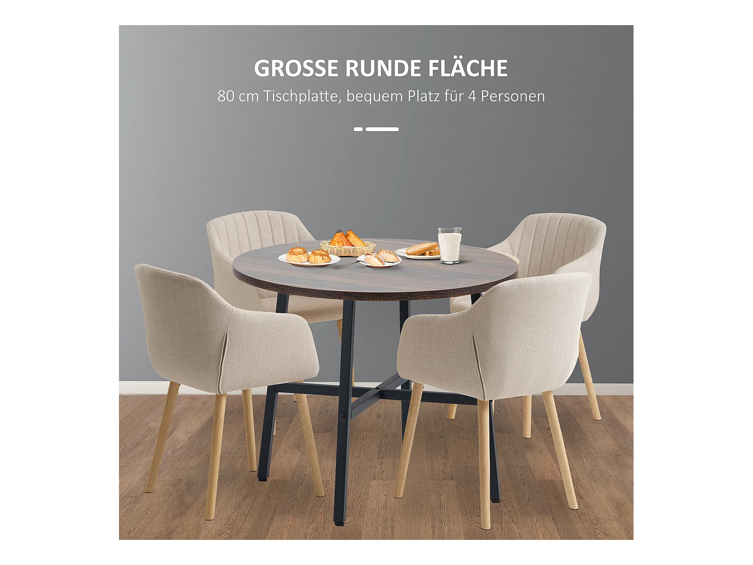 Runder Esstisch für 4 Personen, modernes Design, Furnierholz, braune Farbe (80x80x76 cm)