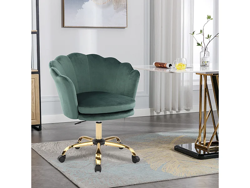 Silla de oficina ajustable 3D con reposabrazos y reposacabezas, terciopelo, verde y dorado (73 x 76 x 86 cm)
