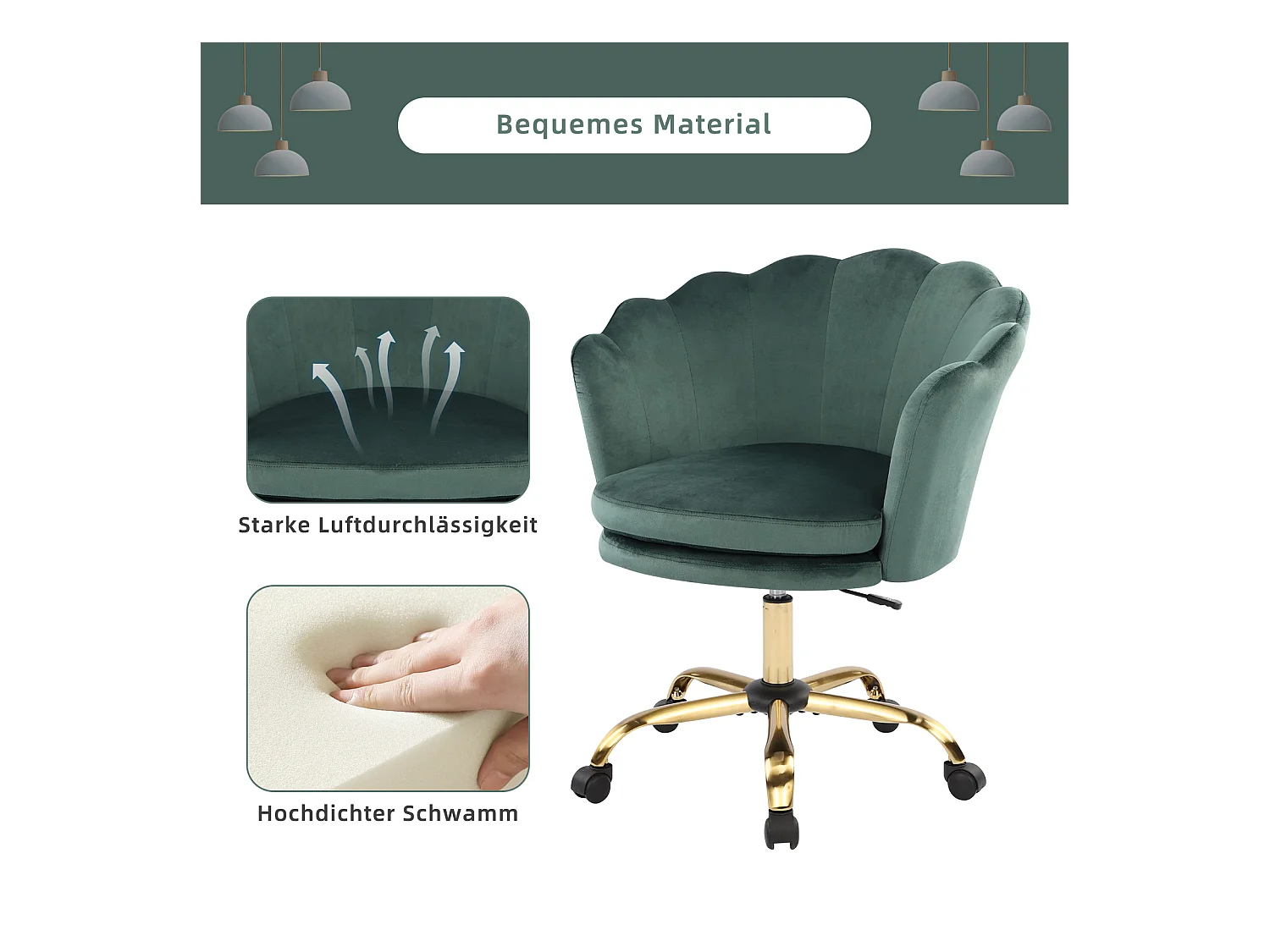 Chaise de Bureau Réglable 3D Accoudoirs, Têtière, Velours, Vert et Or (73x76x86 cm)