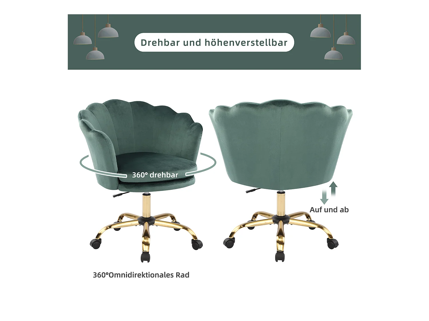 Chaise de Bureau Réglable 3D Accoudoirs, Têtière, Velours, Vert et Or (73x76x86 cm)