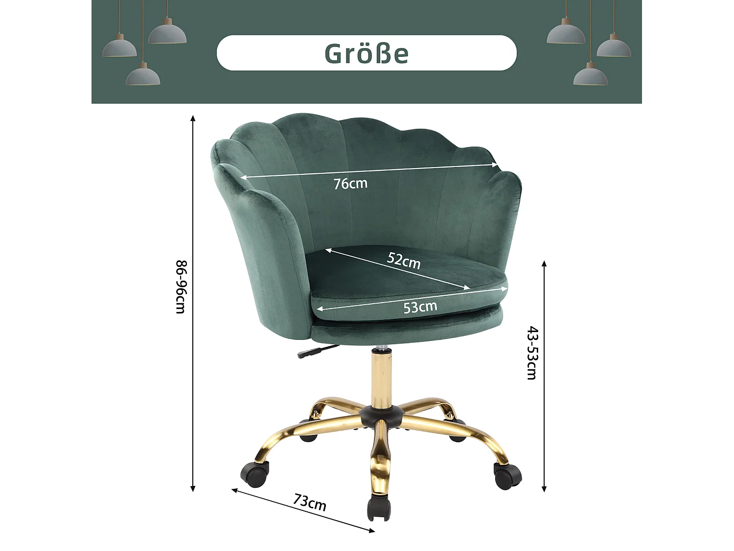 Chaise de Bureau Réglable 3D Accoudoirs, Têtière, Velours, Vert et Or (73x76x86 cm)