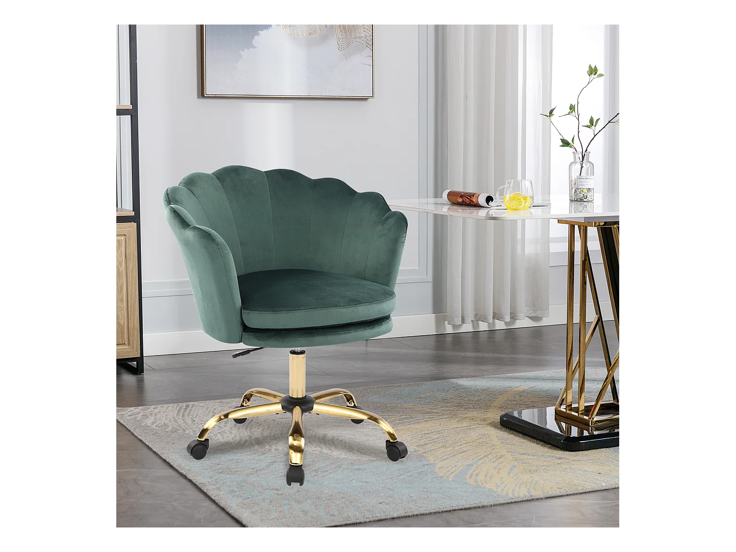 Silla de oficina ajustable 3D con reposabrazos y reposacabezas, terciopelo, verde y dorado (73 x 76 x 86 cm)
