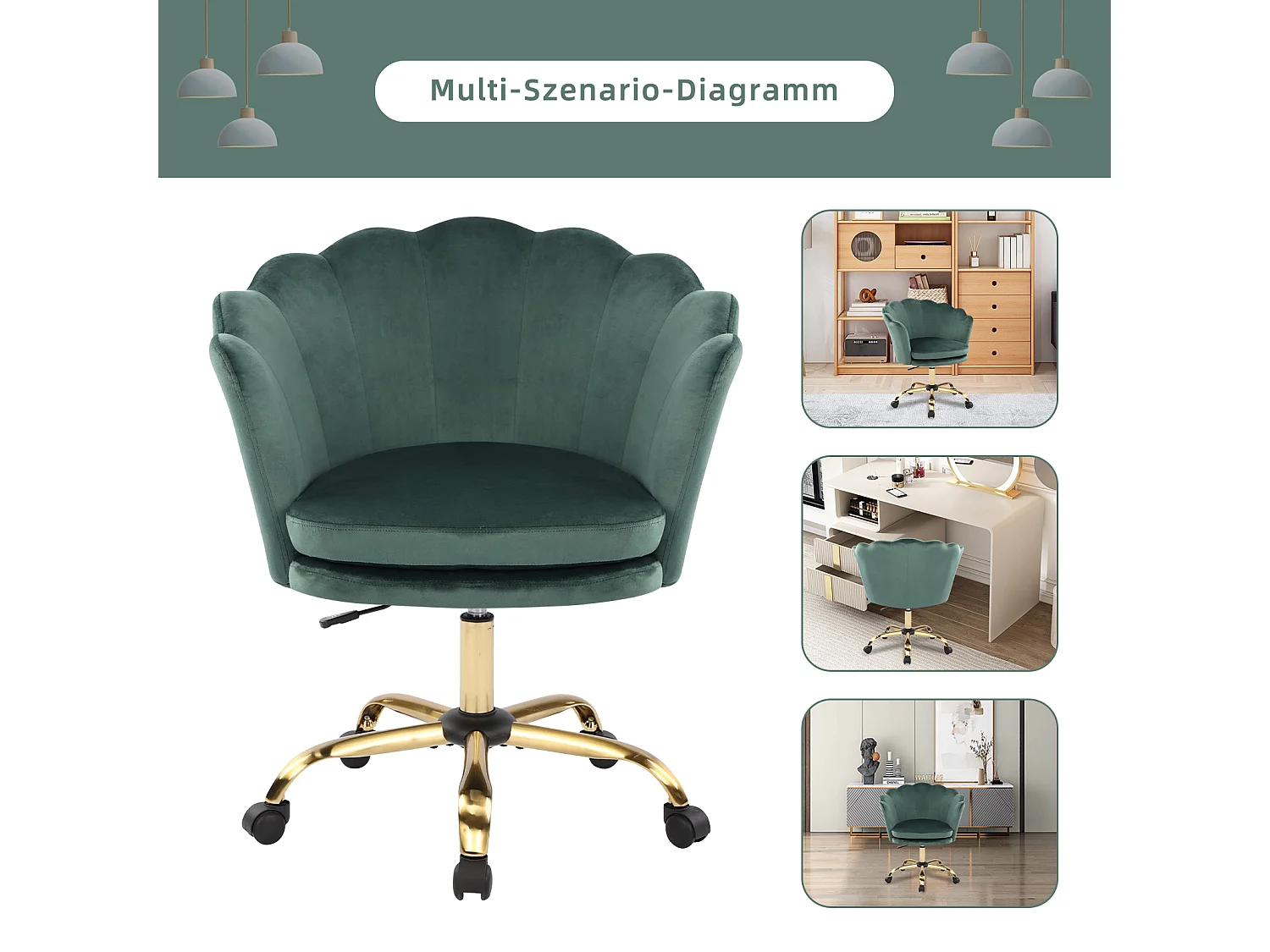 Chaise de Bureau Réglable 3D Accoudoirs, Têtière, Velours, Vert et Or (73x76x86 cm)