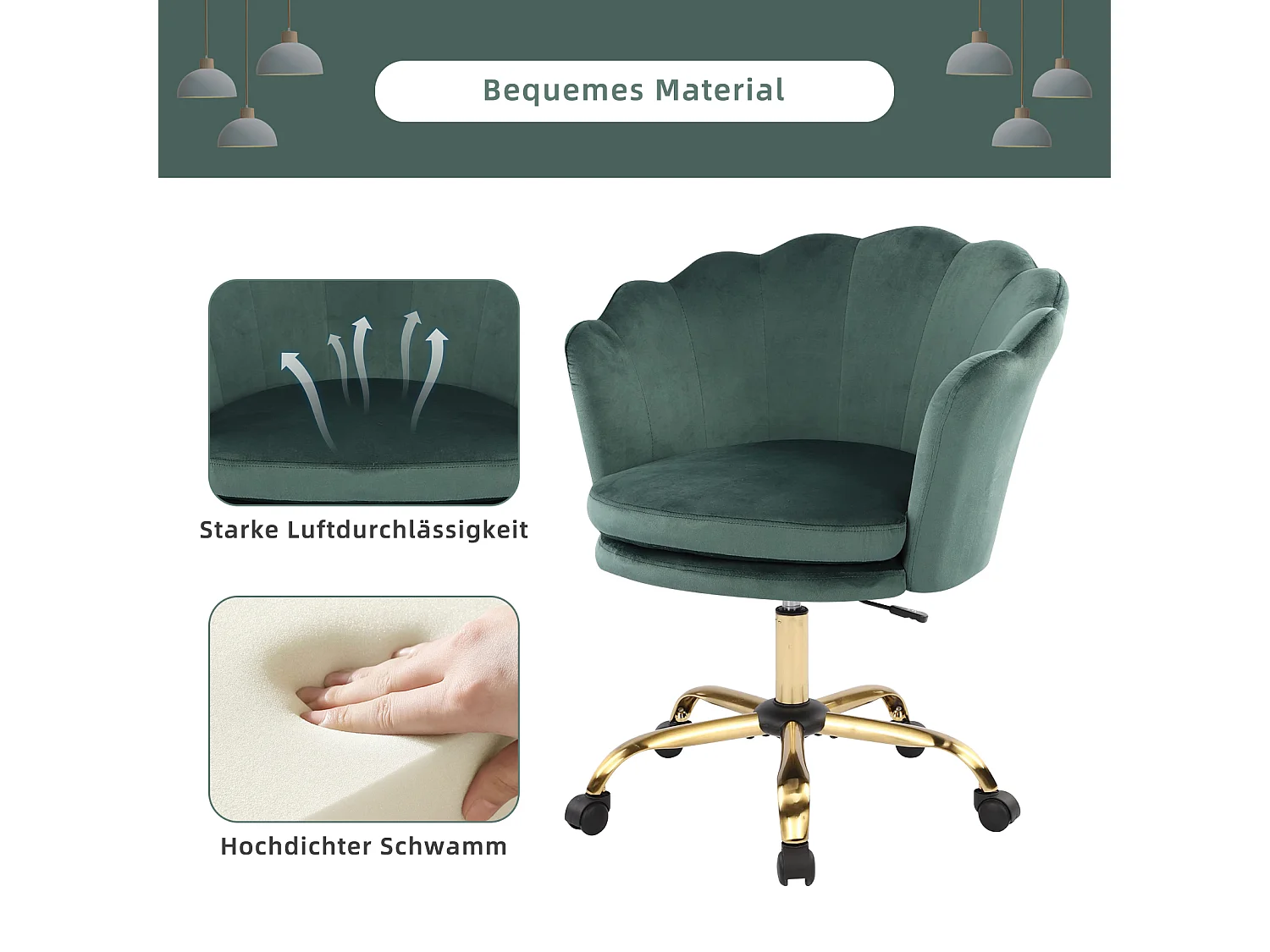 Chaise de Bureau Réglable 3D Accoudoirs, Têtière, Velours, Vert et Or (73x76x86 cm)