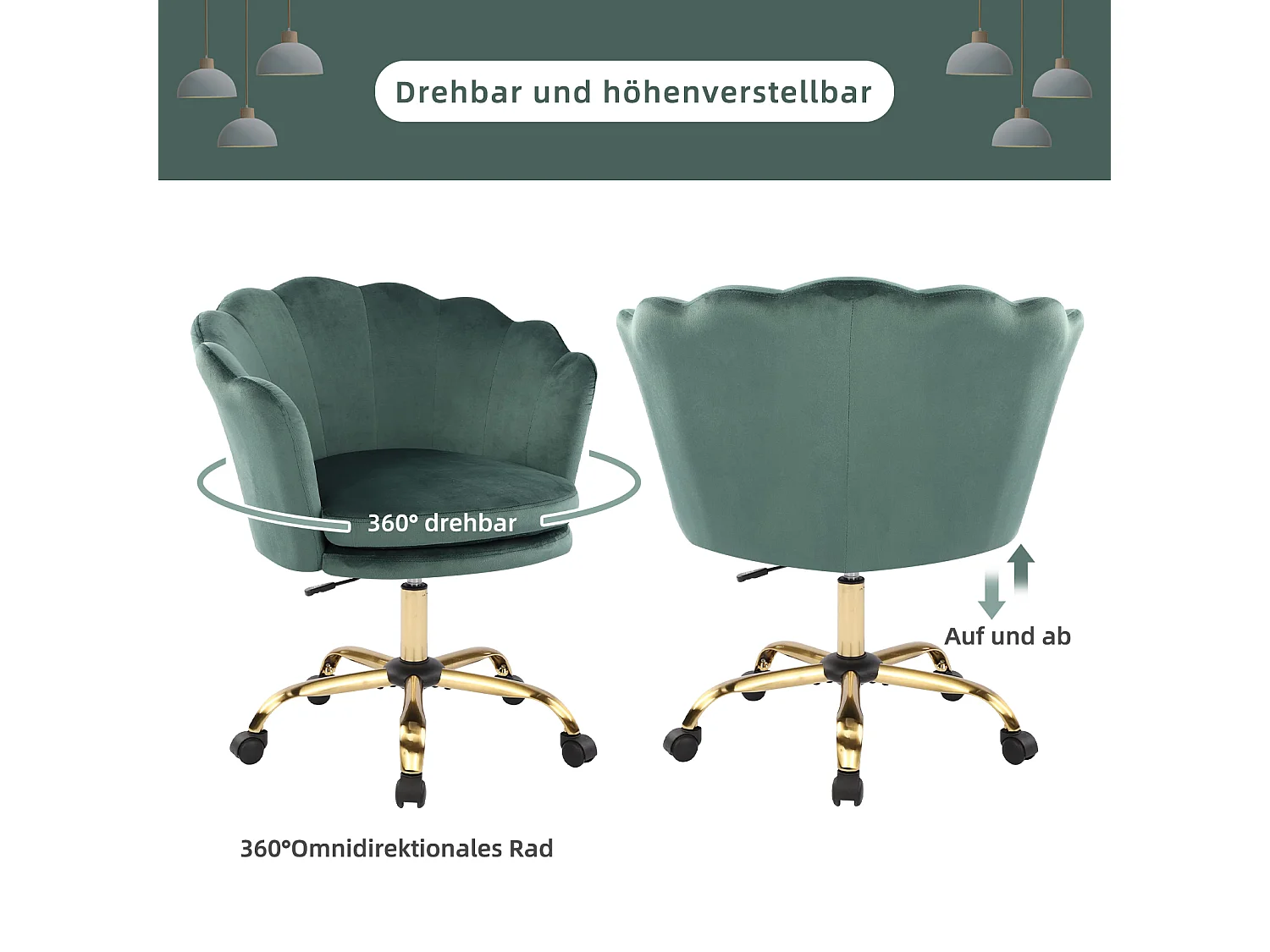 Chaise de Bureau Réglable 3D Accoudoirs, Têtière, Velours, Vert et Or (73x76x86 cm)