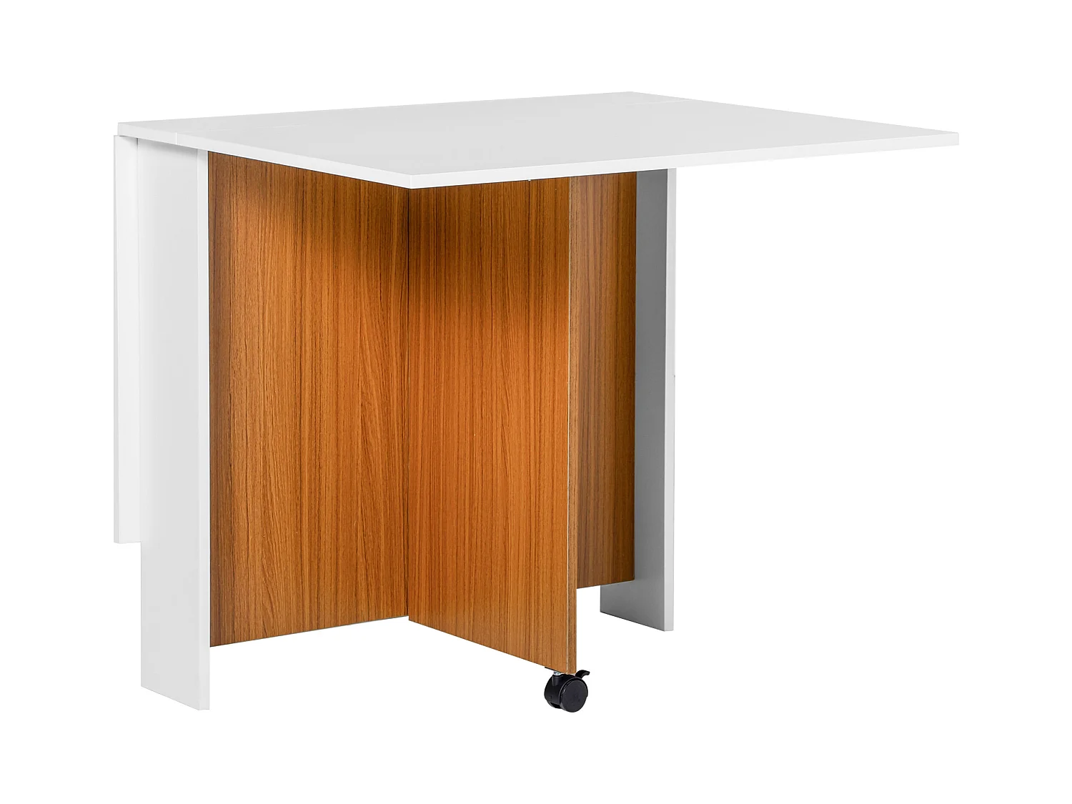 Mobiler Klapptisch mit abklappbarer Platte, weißes Sperrholz, Rollen (120x80x73cm)