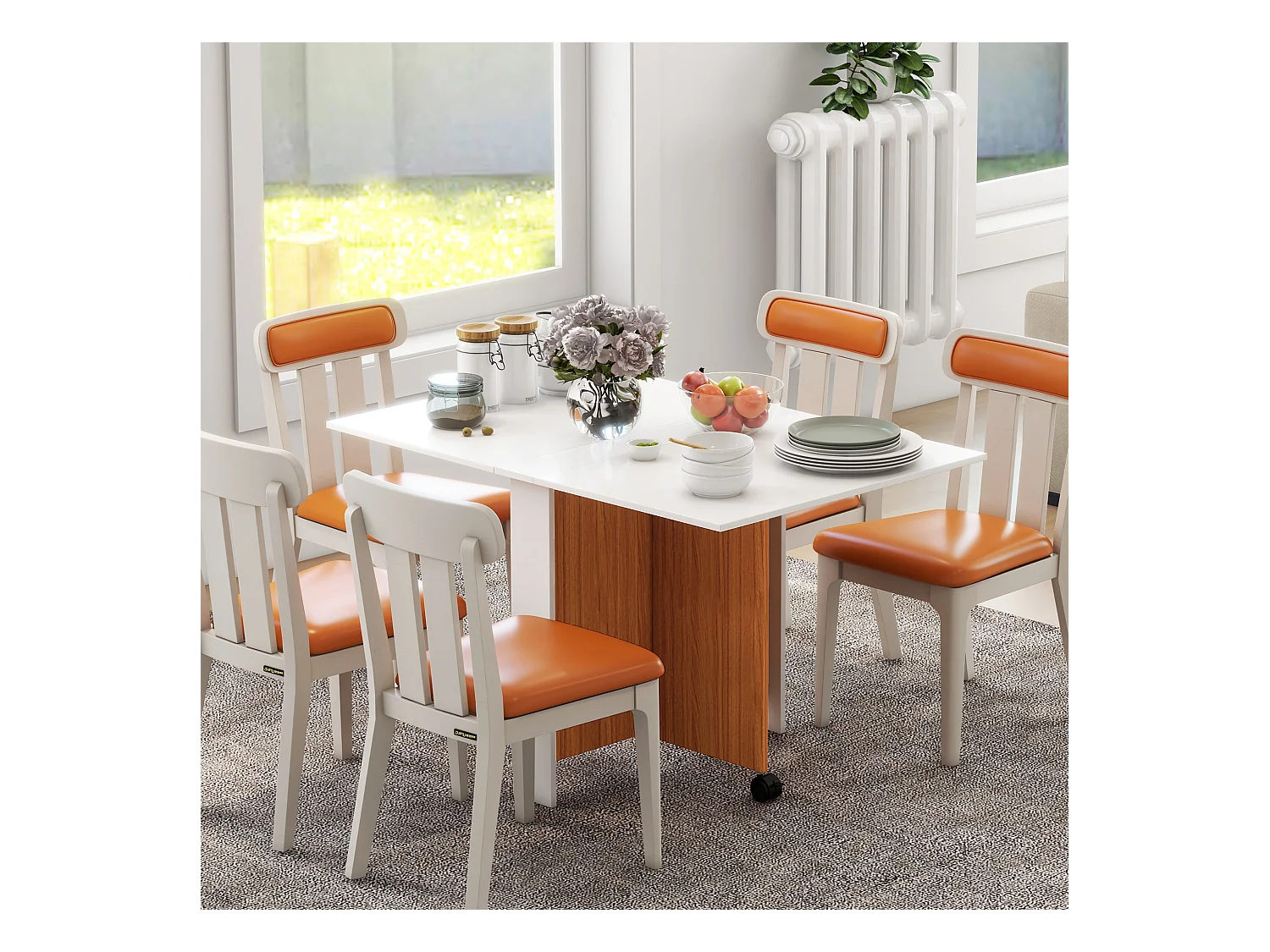 Mobiler Klapptisch mit abklappbarer Platte, weißes Sperrholz, Rollen (120x80x73cm)