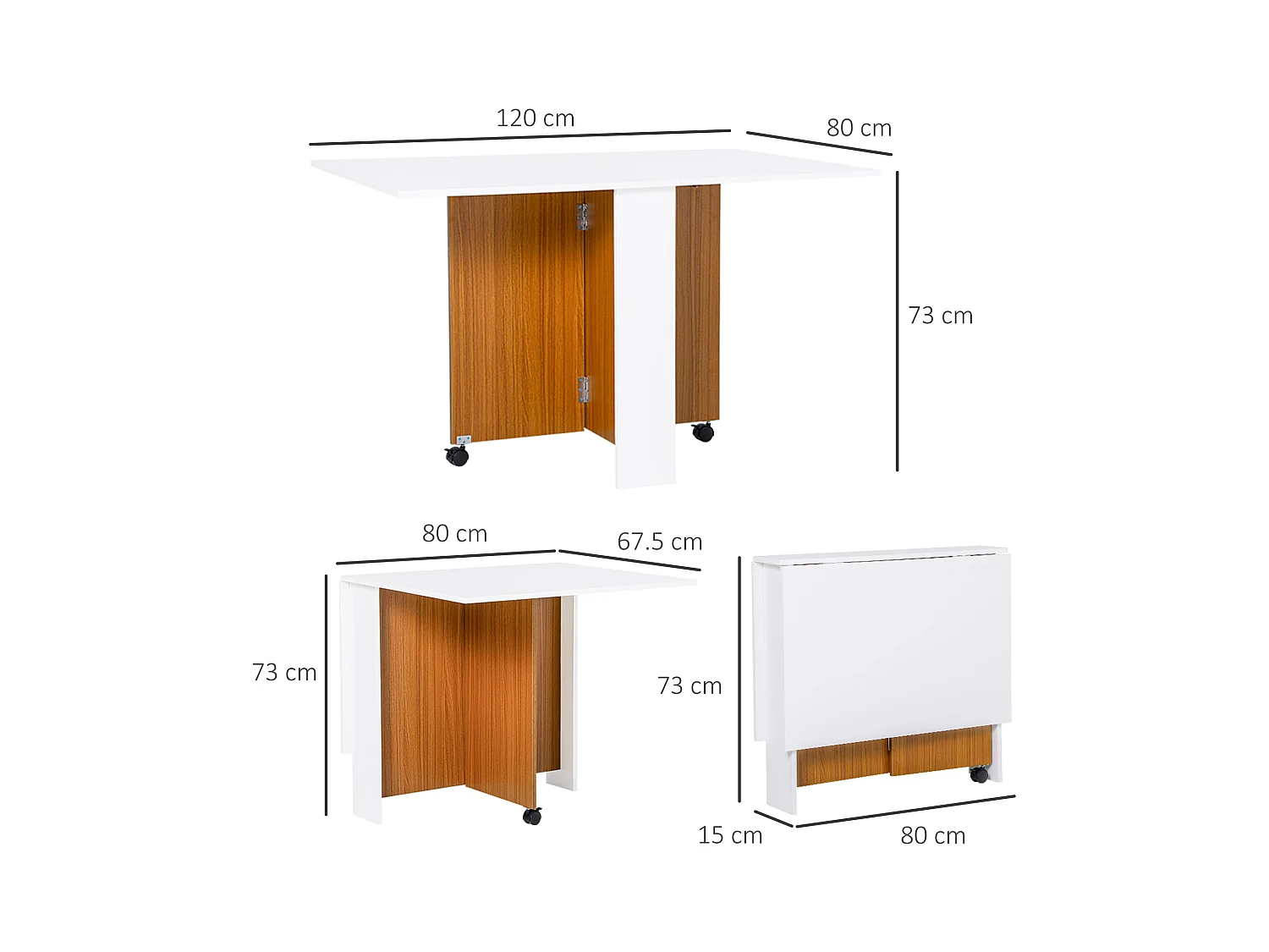 Mobiler Klapptisch mit abklappbarer Platte, weißes Sperrholz, Rollen (120x80x73cm)