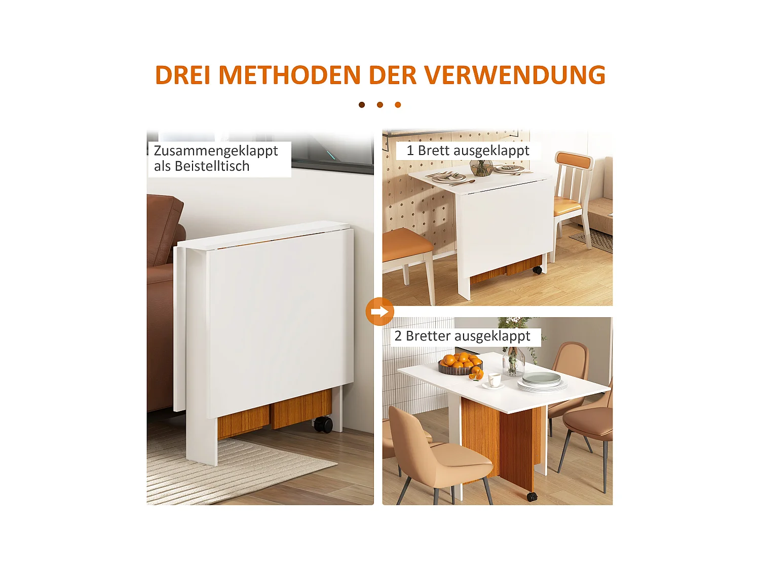 Mobiler Klapptisch mit abklappbarer Platte, weißes Sperrholz, Rollen (120x80x73cm)