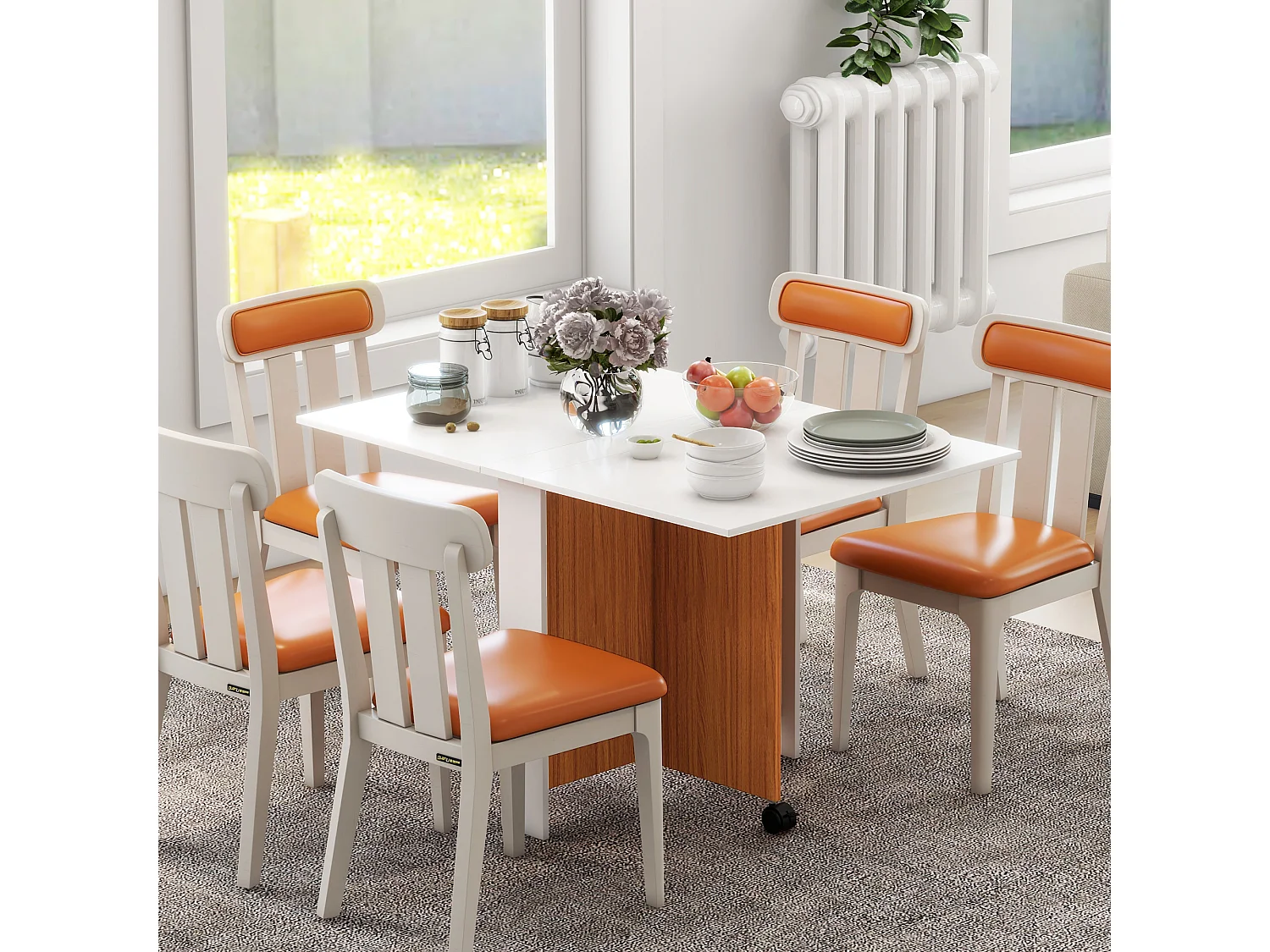 Mobiler Klapptisch mit abklappbarer Platte, weißes Sperrholz, Rollen (120x80x73cm)