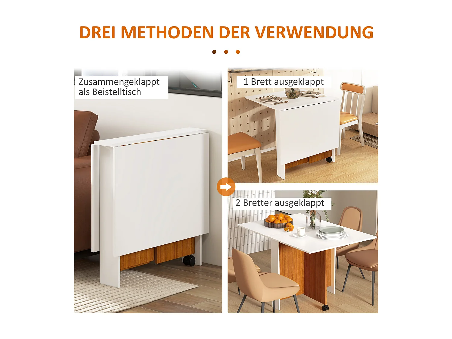 Mobiler Klapptisch mit abklappbarer Platte, weißes Sperrholz, Rollen (120x80x73cm)