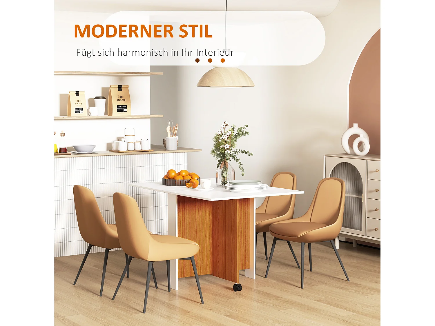 Mobiler Klapptisch mit abklappbarer Platte, weißes Sperrholz, Rollen (120x80x73cm)