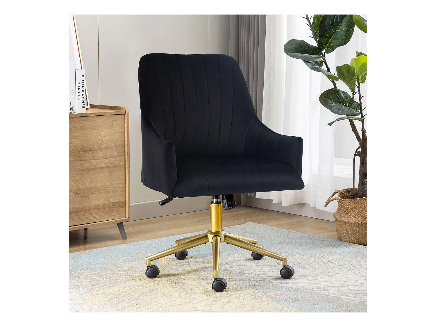 Chaise de Bureau Pivotante en Velours, Réglable en Hauteur, Supporte jusqu'à 150kg, Métal doré, Noir (48x52x94 cm)