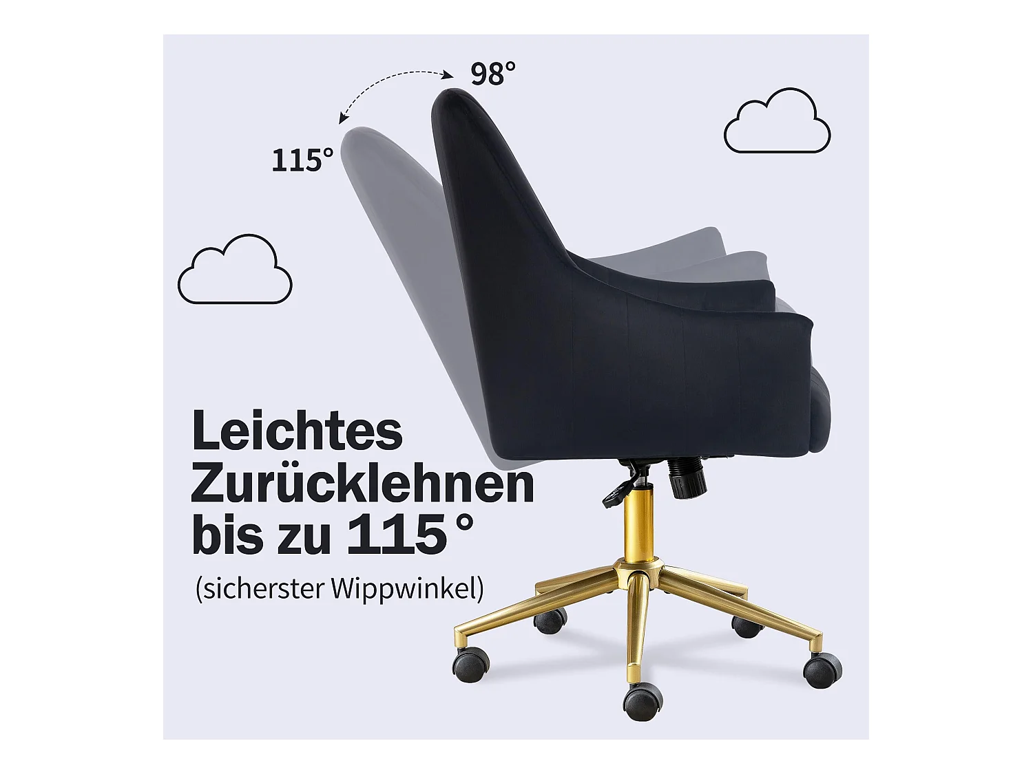 Chaise de Bureau Pivotante en Velours, Réglable en Hauteur, Supporte jusqu'à 150kg, Métal doré, Noir (48x52x94 cm)