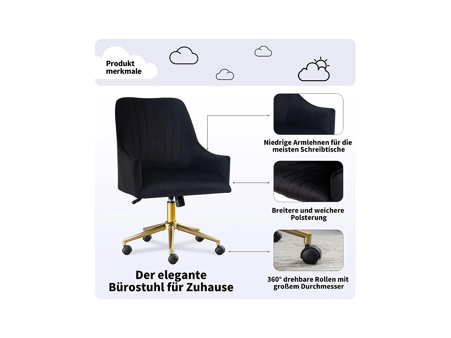 Chaise de Bureau Pivotante en Velours, Réglable en Hauteur, Supporte jusqu'à 150kg, Métal doré, Noir (48x52x94 cm)