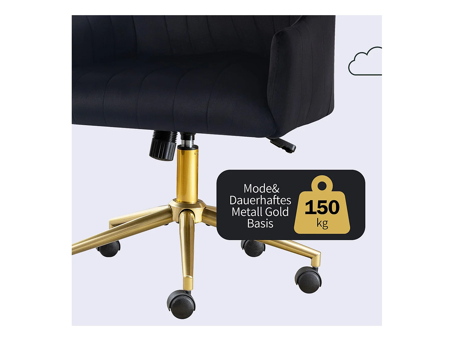 Chaise de Bureau Pivotante en Velours, Réglable en Hauteur, Supporte jusqu'à 150kg, Métal doré, Noir (48x52x94 cm)