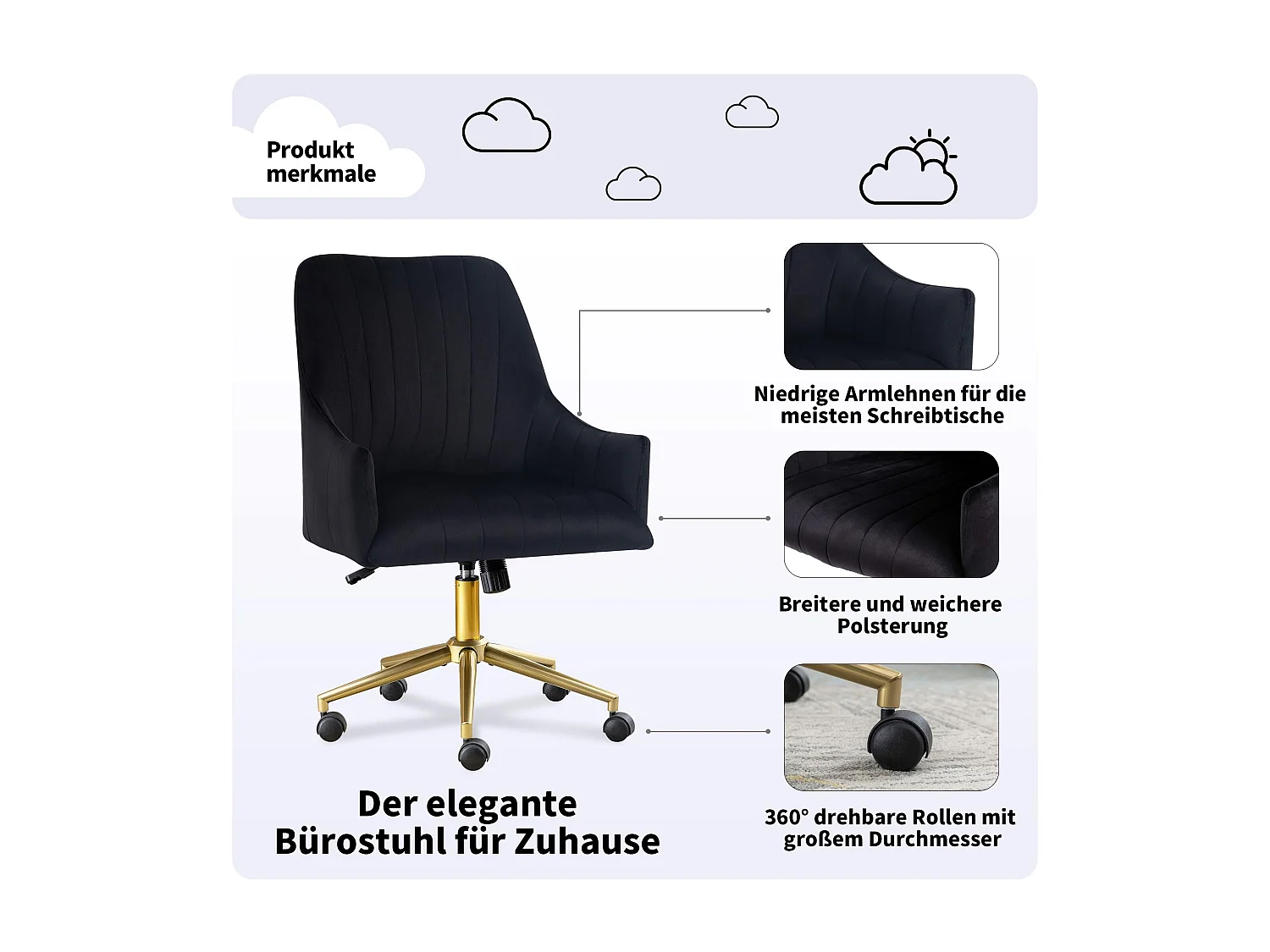 Chaise de Bureau Pivotante en Velours, Réglable en Hauteur, Supporte jusqu'à 150kg, Métal doré, Noir (48x52x94 cm)