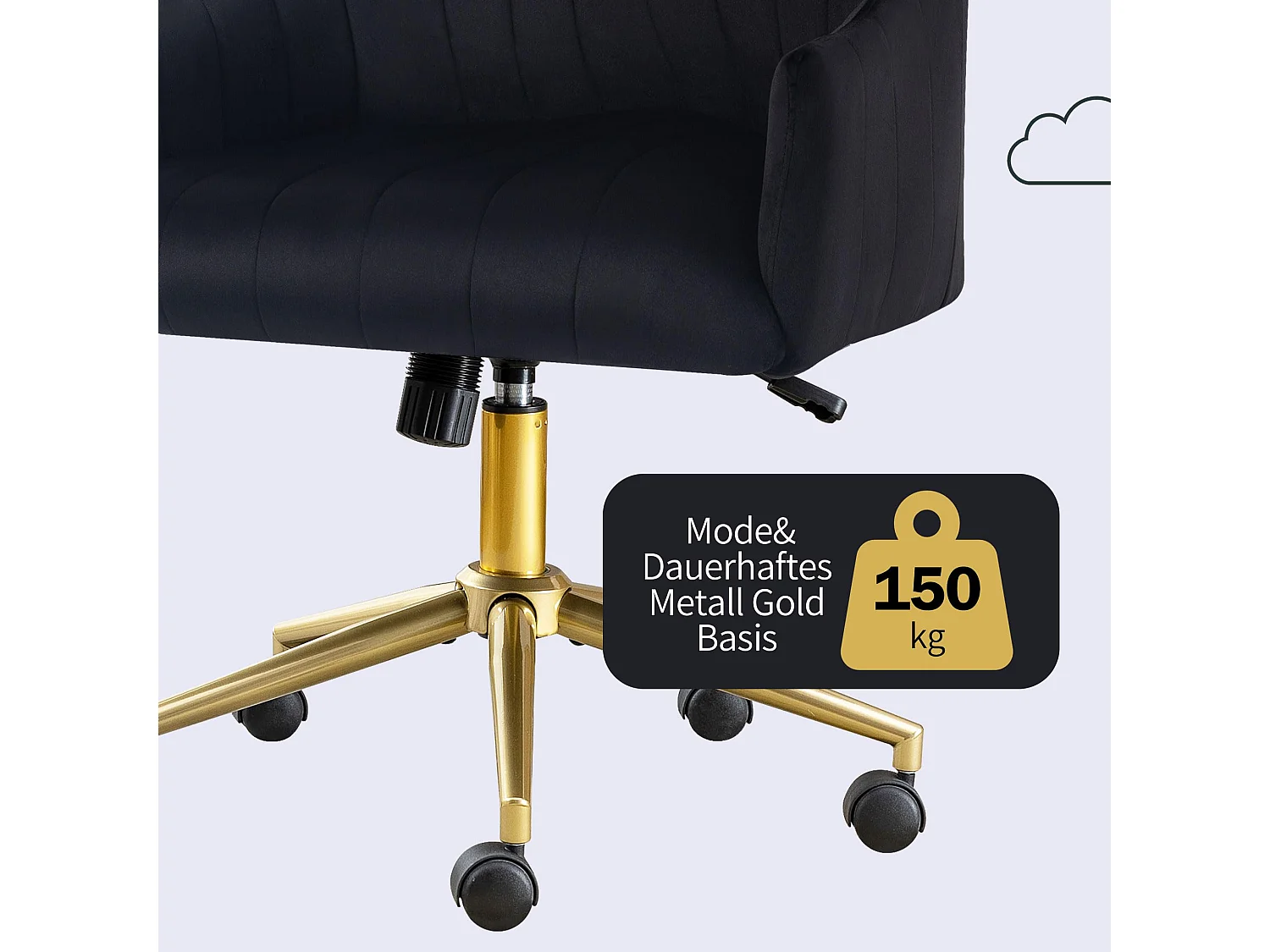 Chaise de Bureau Pivotante en Velours, Réglable en Hauteur, Supporte jusqu'à 150kg, Métal doré, Noir (48x52x94 cm)