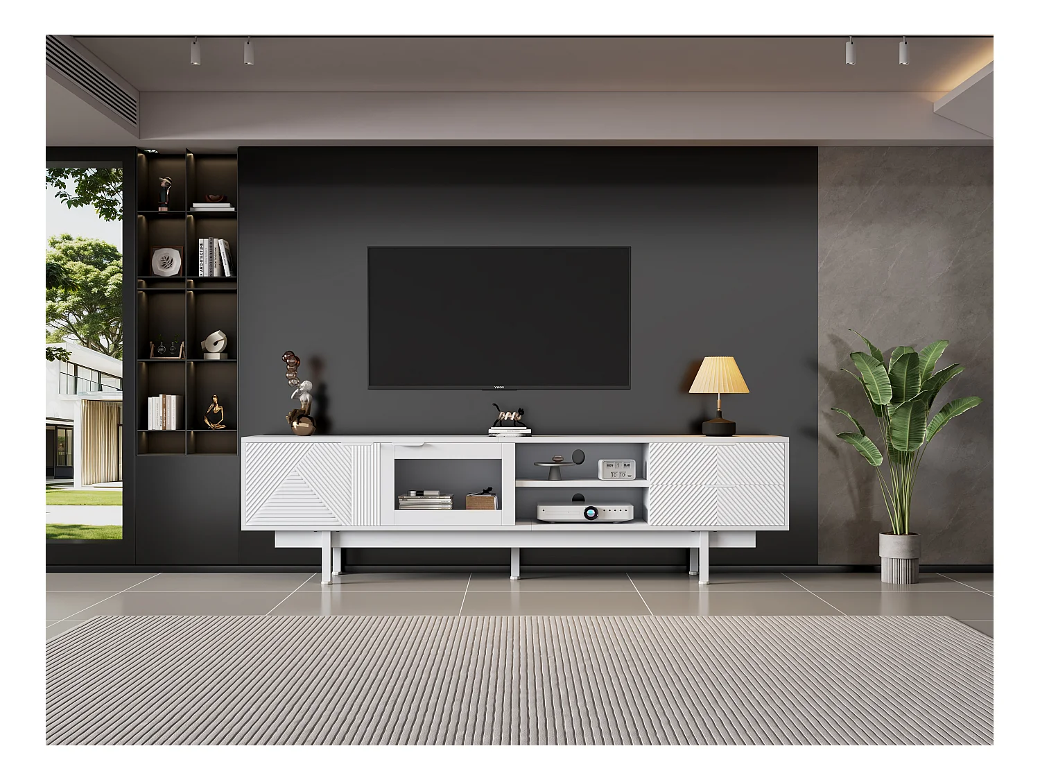 Meuble TV moderne avec 2 portes et 2 tiroirs, design simple, MDF + verre trempé, blanc (200x40x50.5 cm)