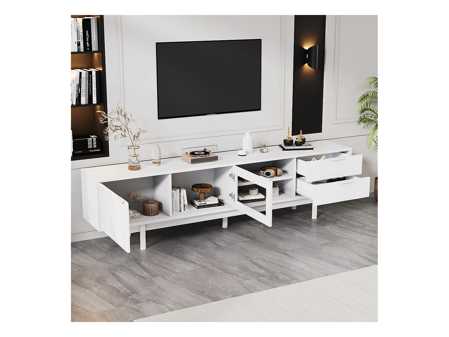 Meuble TV moderne avec 2 portes et 2 tiroirs, design simple, MDF + verre trempé, blanc (200x40x50.5 cm)