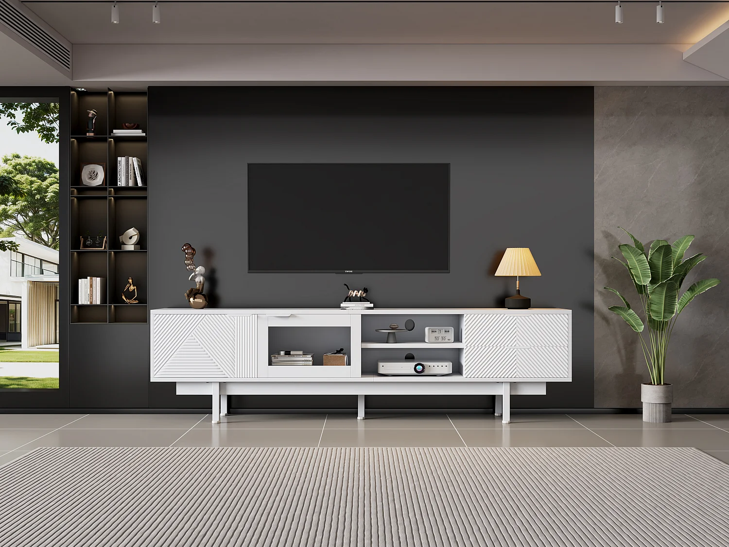 Meuble TV moderne avec 2 portes et 2 tiroirs, design simple, MDF + verre trempé, blanc (200x40x50.5 cm)