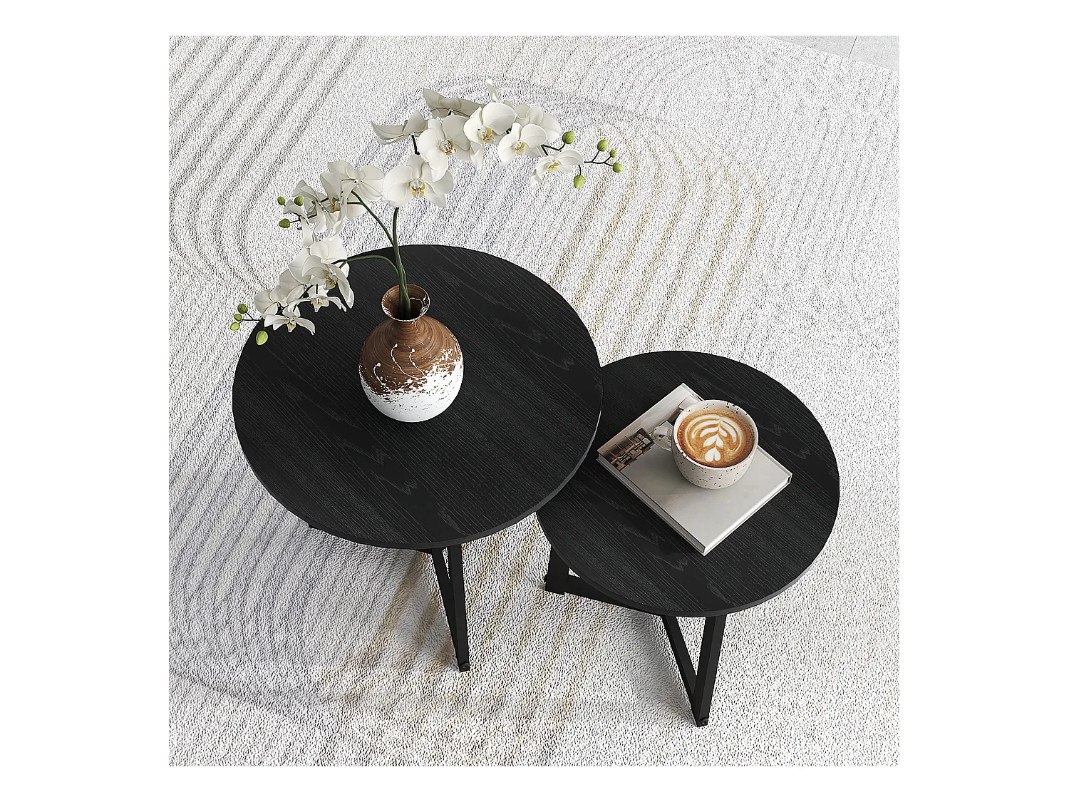 Table basse ronde, ensemble de 2 tables d'appoint, structure en acier, noir (48x48x45 cm)