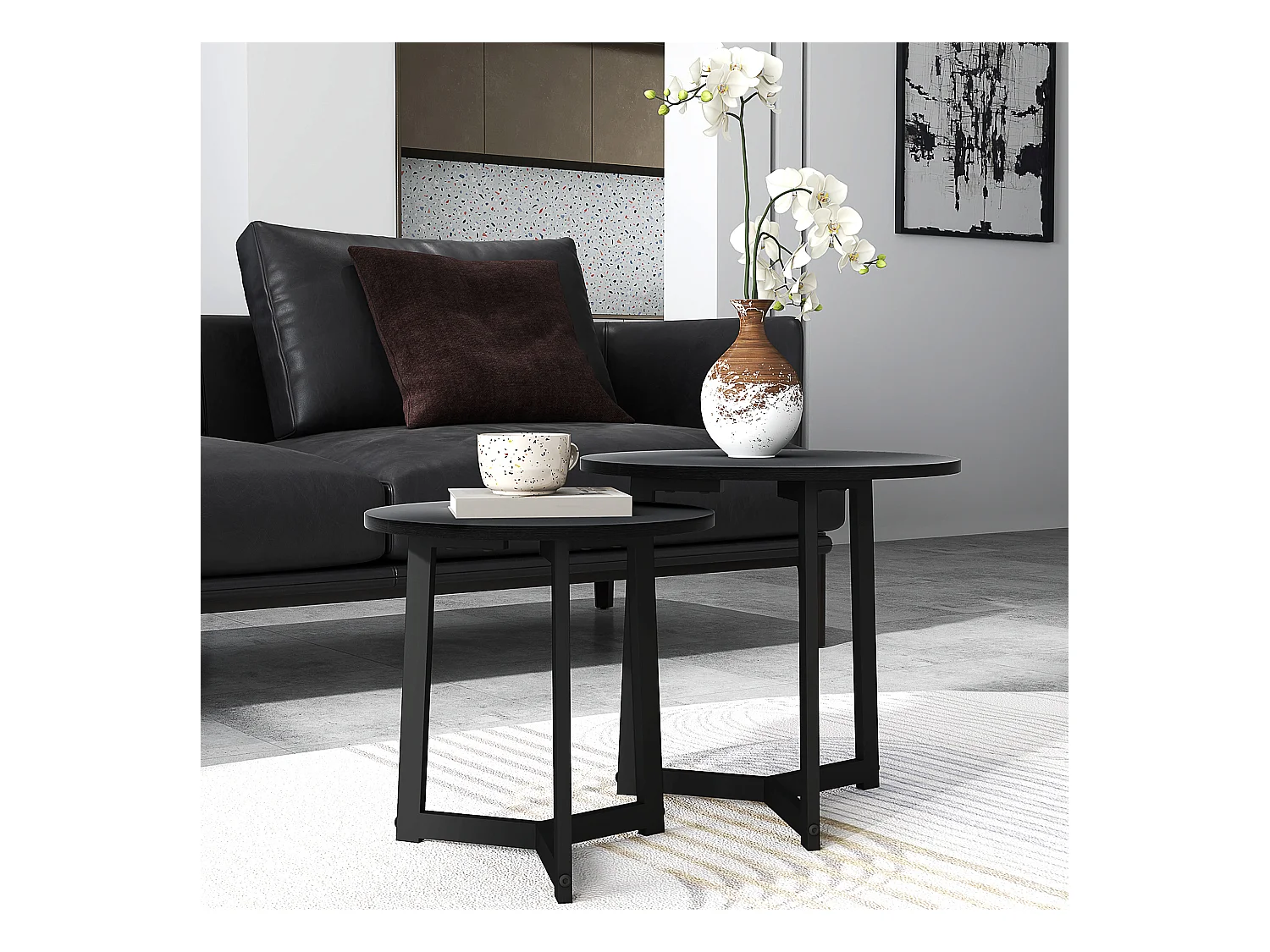 Runder Couchtisch, 2er Set Beistelltische, Stahlgestell, schwarz (48x48x45 cm)