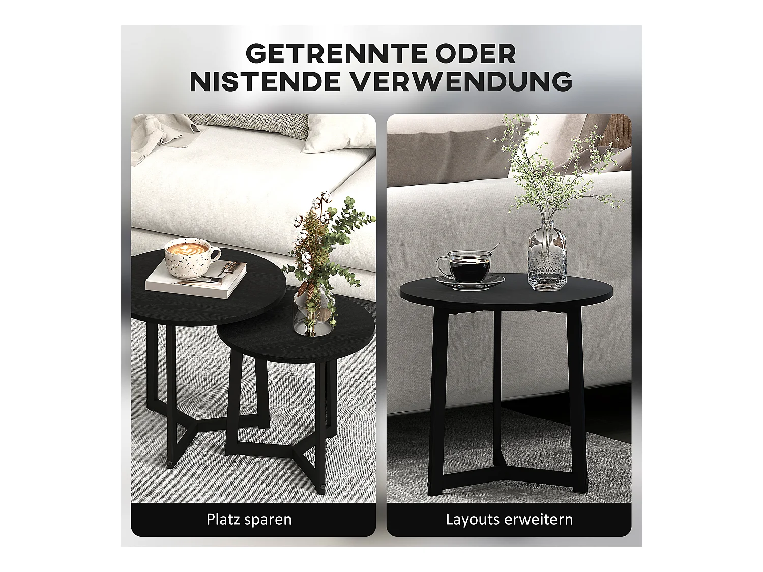 Runder Couchtisch, 2er Set Beistelltische, Stahlgestell, schwarz (48x48x45 cm)