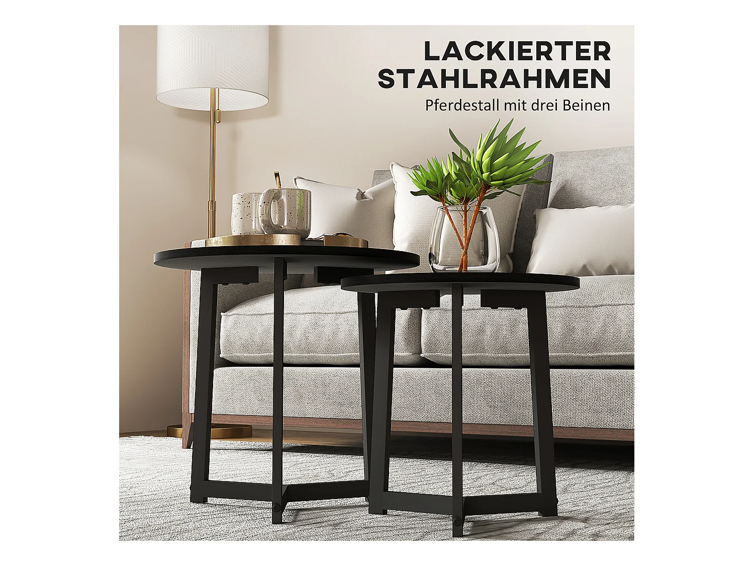 Runder Couchtisch, 2er Set Beistelltische, Stahlgestell, schwarz (48x48x45 cm)