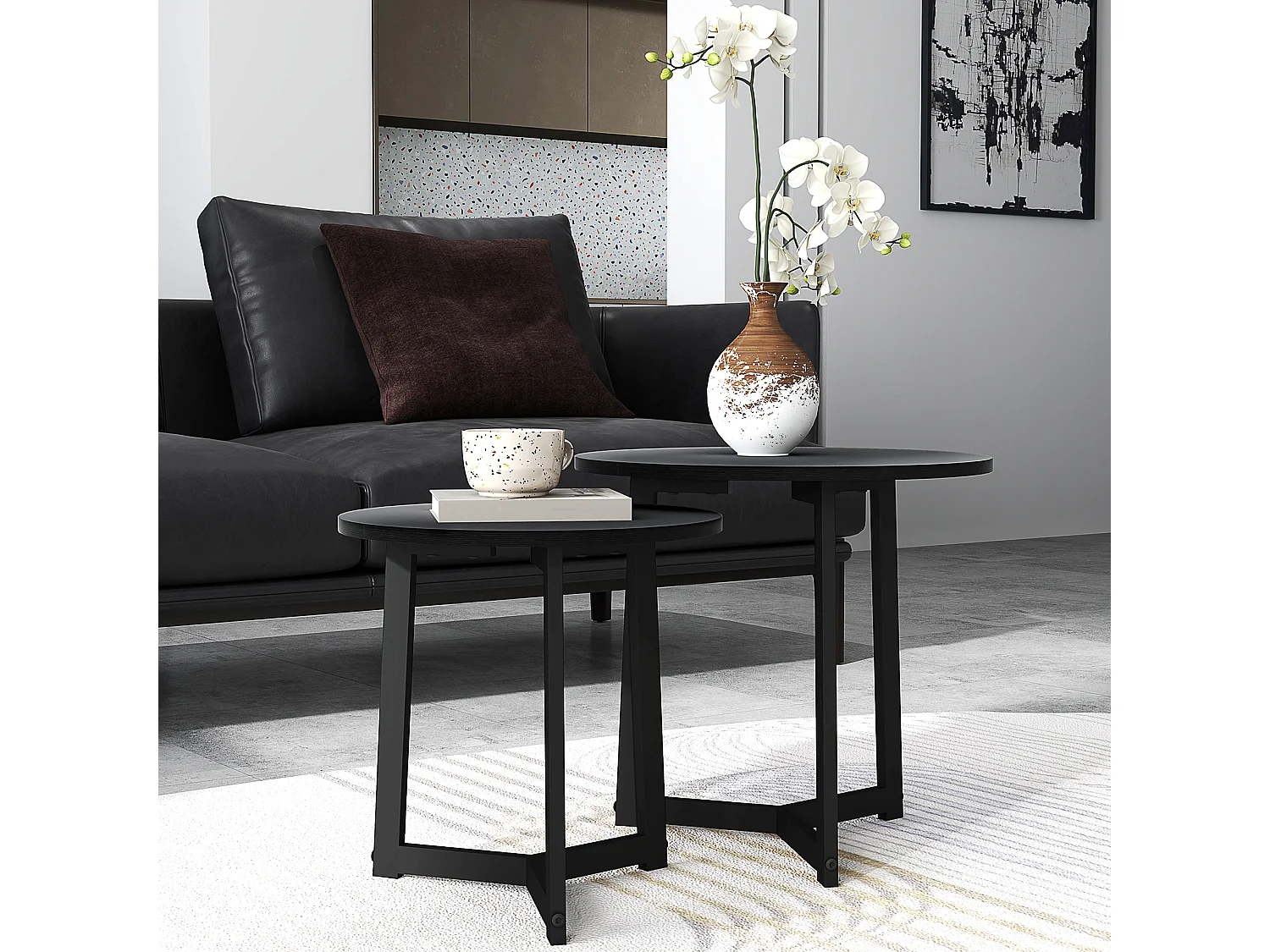 Runder Couchtisch, 2er Set Beistelltische, Stahlgestell, schwarz (48x48x45 cm)