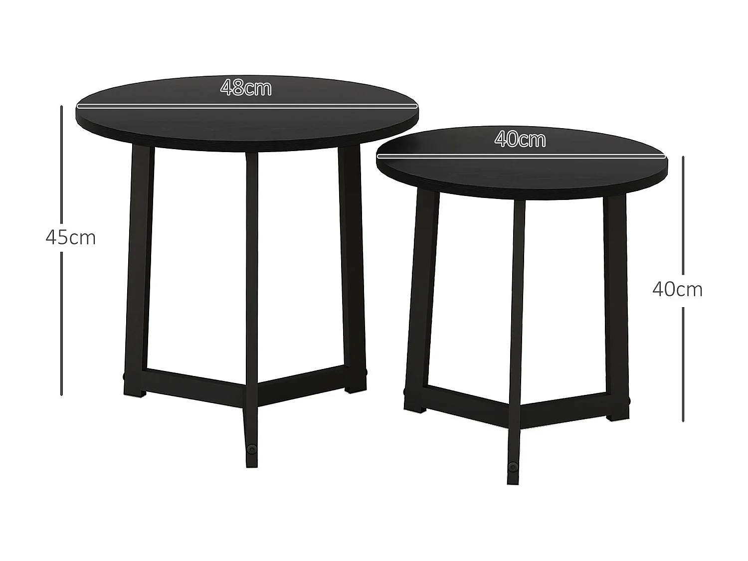 Table basse ronde, ensemble de 2 tables d'appoint, structure en acier, noir (48x48x45 cm)