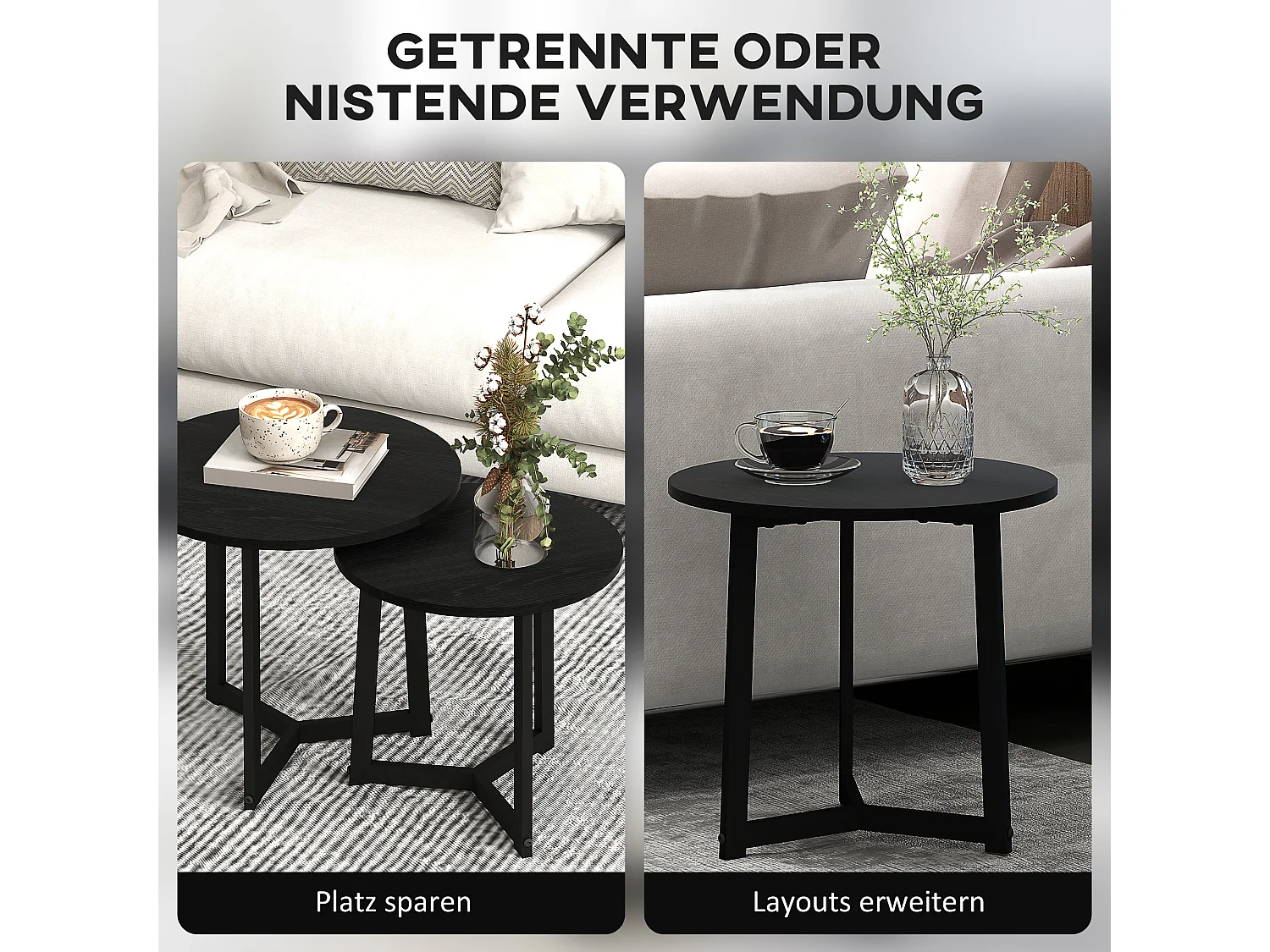 Table basse ronde, ensemble de 2 tables d'appoint, structure en acier, noir (48x48x45 cm)